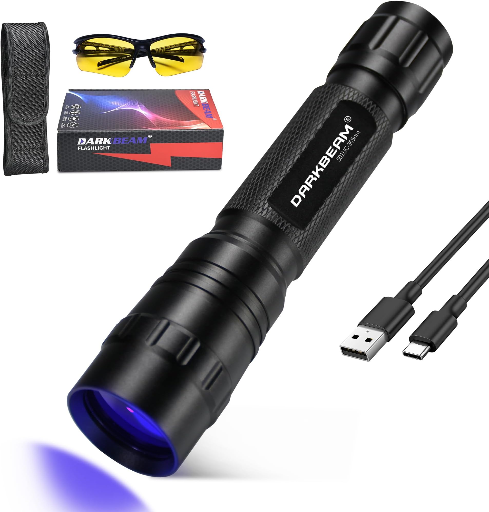 DARKBEAM 365nm UV Torch Black Light, Mini Powerful UV Lamp USB-C Rechargeable, LED 10W Ultraviolet Flashlights Pocket Pet Urine Detector for Mineral, Uranium Glass, Resin Curing