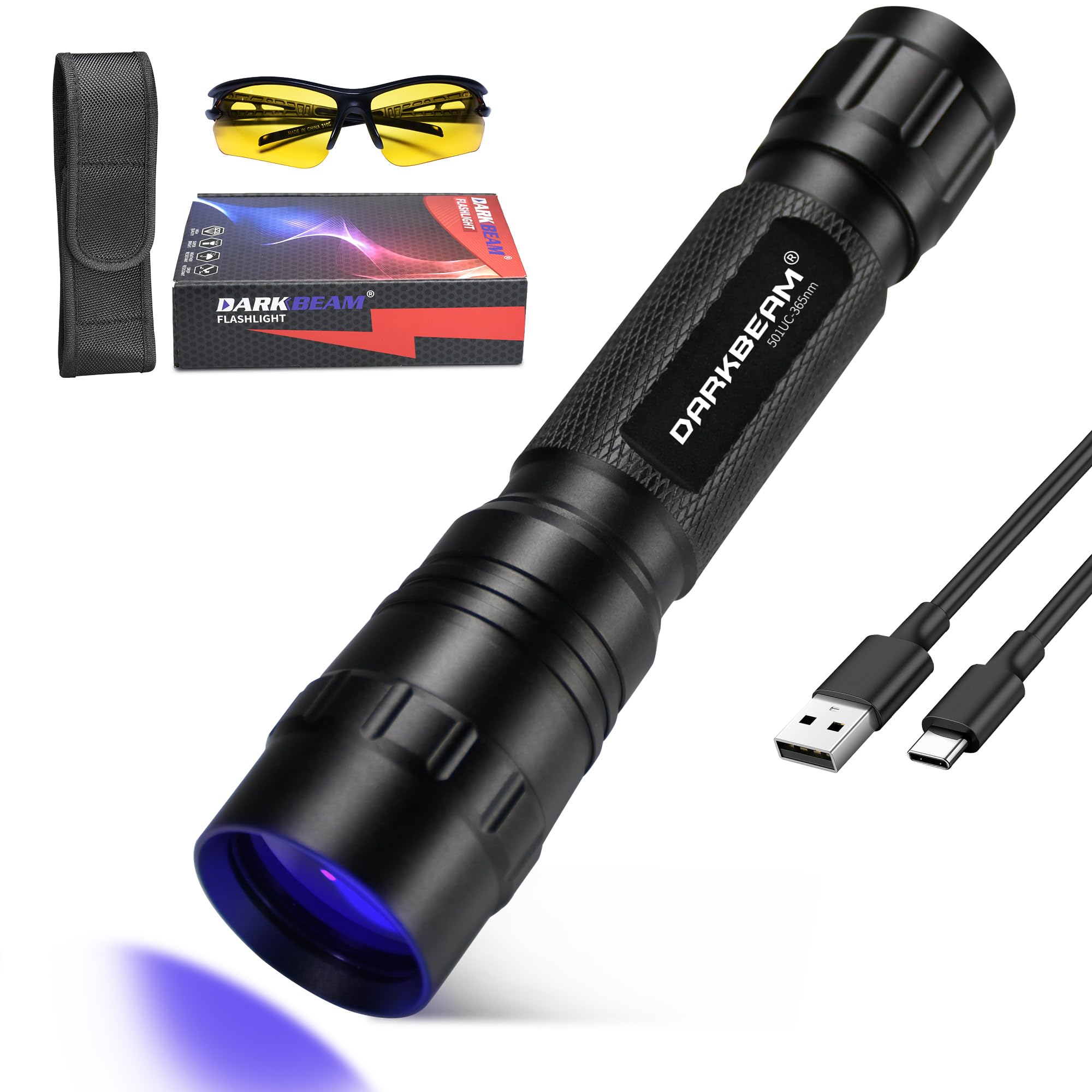 DARKBEAM UV Flashlight 365 nm Light Blacklight, Mini Powerful Wood’s Lamp USB-C Rechargeable, LED 10W Ultraviolet Flashlights Pocket Pet Urine Detector for Mineral, Uranium Glass, Resin Curing
