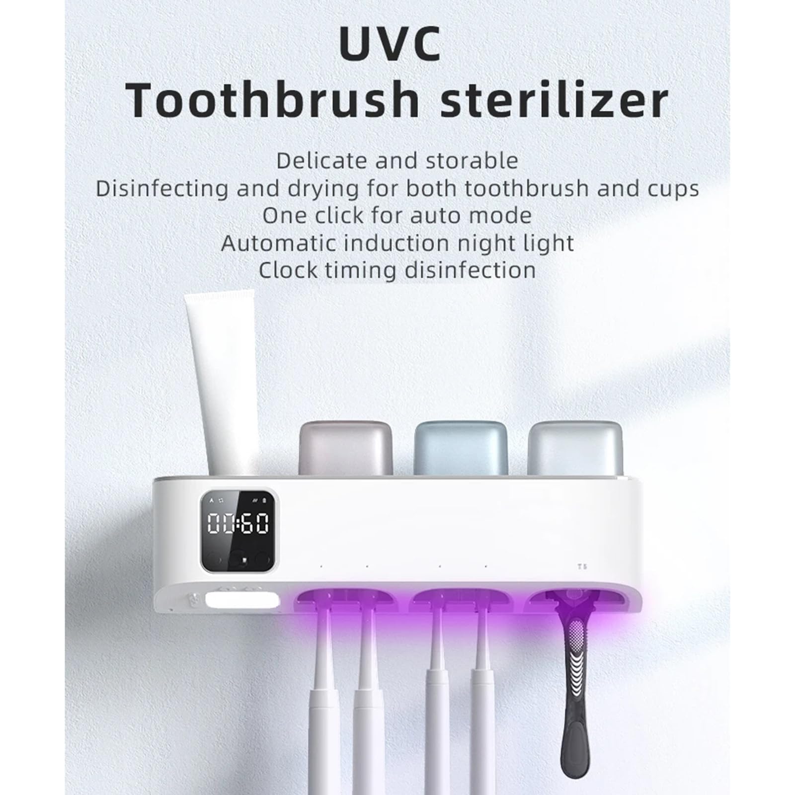 Desinfectante de cepillo de dientes UV, soporte para cepillo de dientes de baño montado en la pared con función de esterilización UV Soporte para desinfectante de cepillo de dientes,White