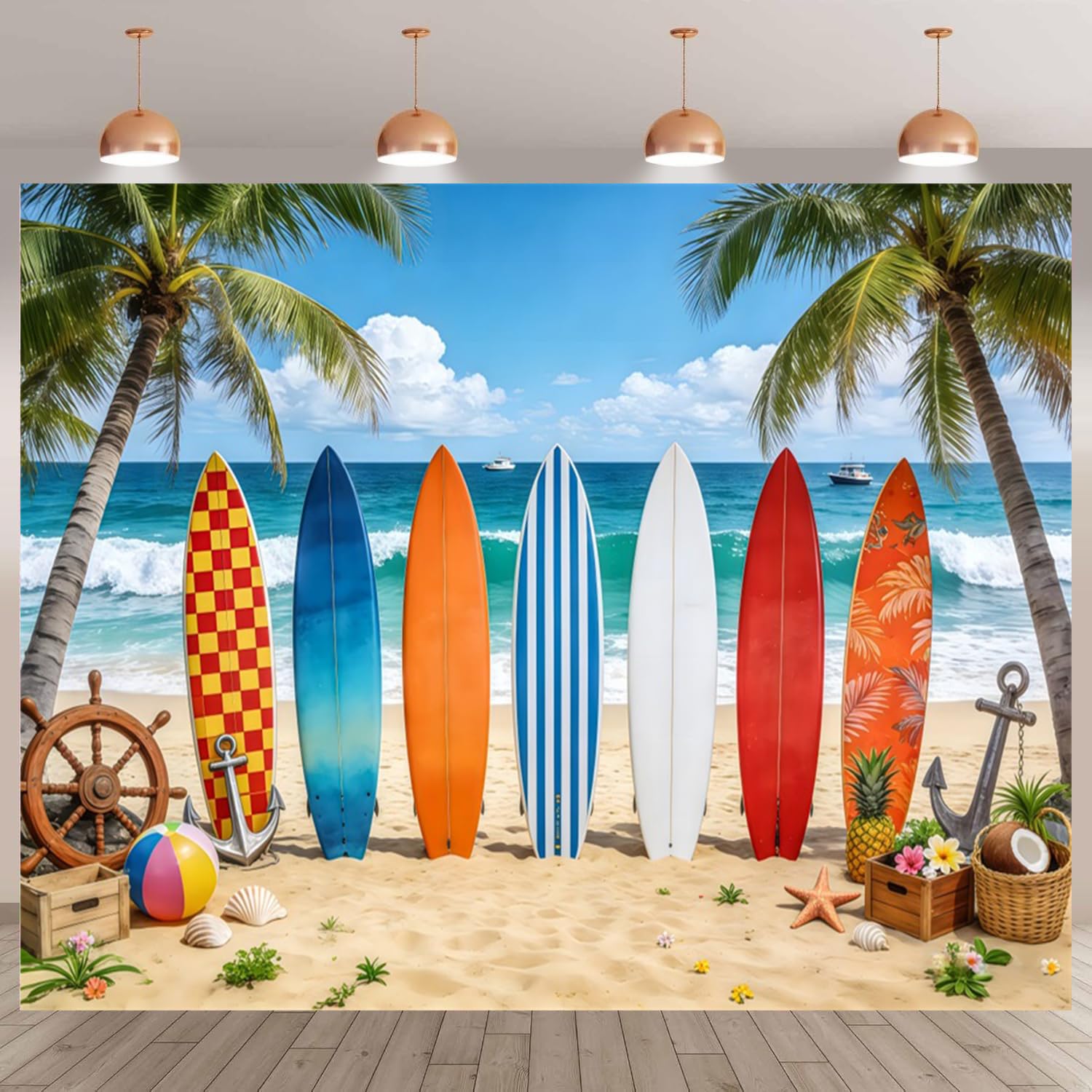 Tavola da surf tropicale spiaggia sfondo fotografico 3 x 2,4 m, sfondo estivo colorato tavola da surf palma, hawaiano Aloha vacanze decorazioni per feste di compleanno banner foto puntelli