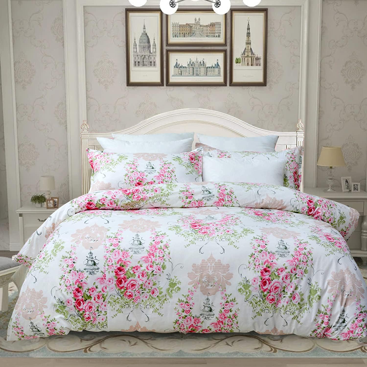 Usning Pink Duvet Cover Set Queen Floral Duvet Cover 3 Piece Set 100% Cotton Vintage Rose Bedding Set Soft and Breathable Comforter Cover with Zipper Closure and Corner Ties, Queen Size