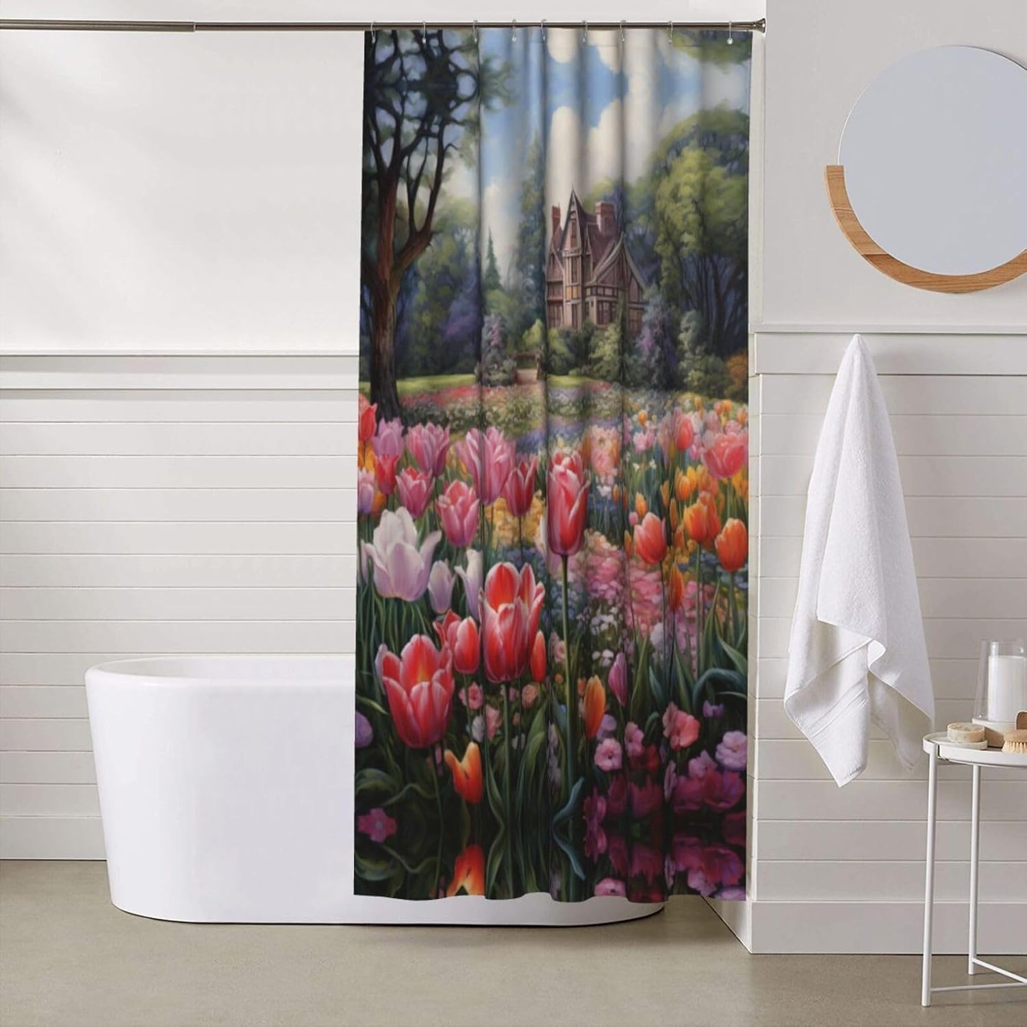 Ogniwo Curtain Set for Bathroom,Funny Shower Curtain,Thanksgiving Bathtub Curtain Decor 60"X72",Tulip Garden Print