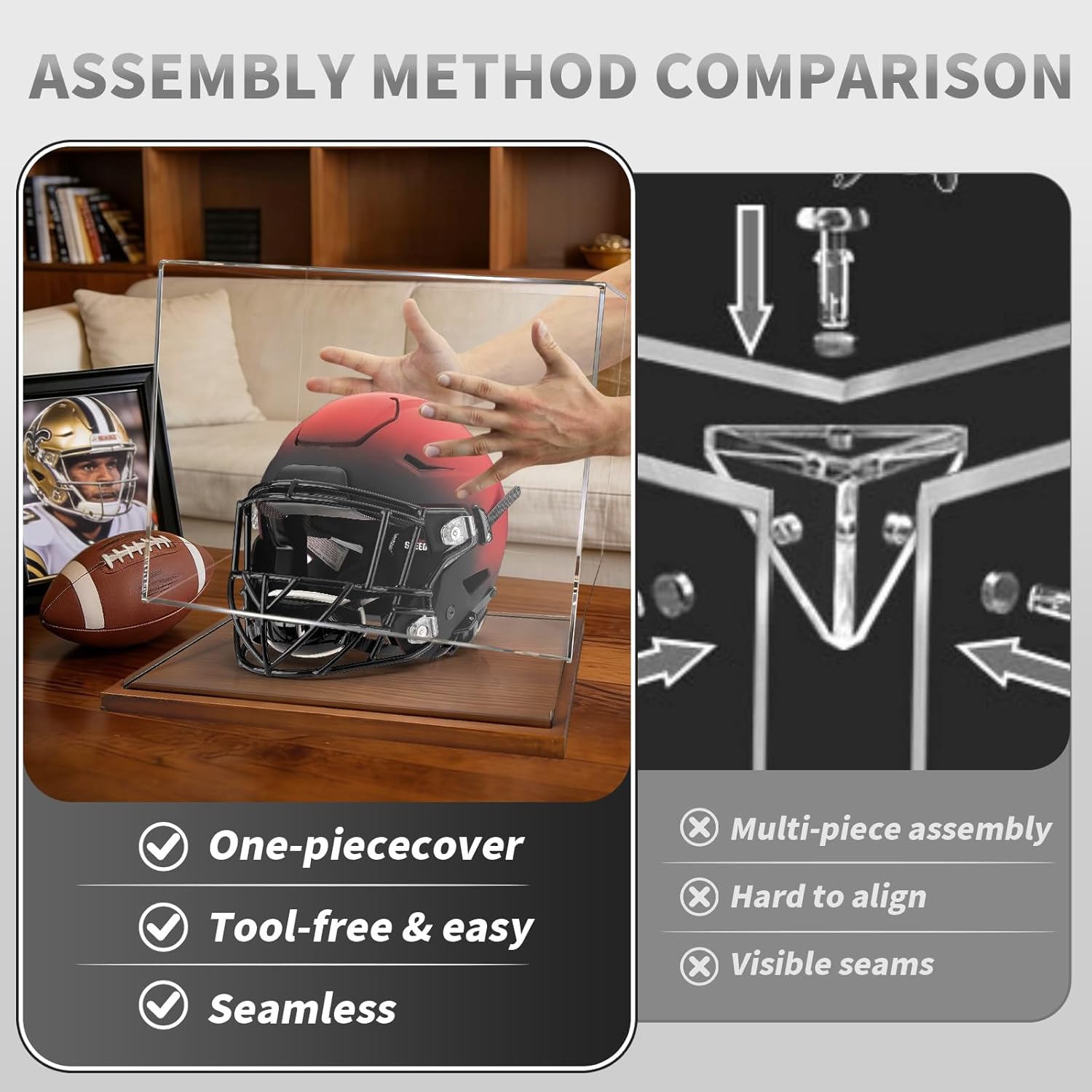 Football Helmet Display Case with Solid Wood Base, Full Size Helmet Display Case, No Assembly Required, Acrylic Helmet Display Case for Full Size Football Helmet, Gift for Sports Fans & Collectors