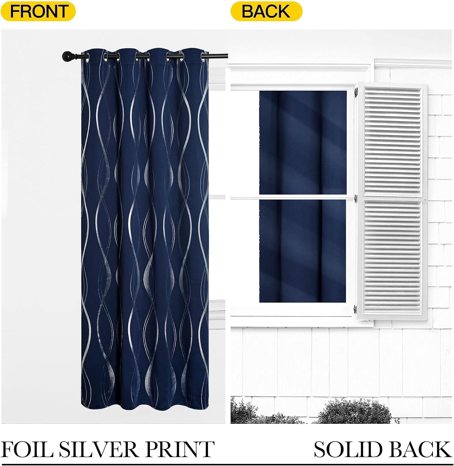 NICETOWN Navy Blue Blackout Curtain Panels 84 inches Long, Window Treatment Foil Printed Wave Lines Thermal Insulated Grommet Drapes for Living Room/Office/Guest Room(1 Pair, 52" Wide)