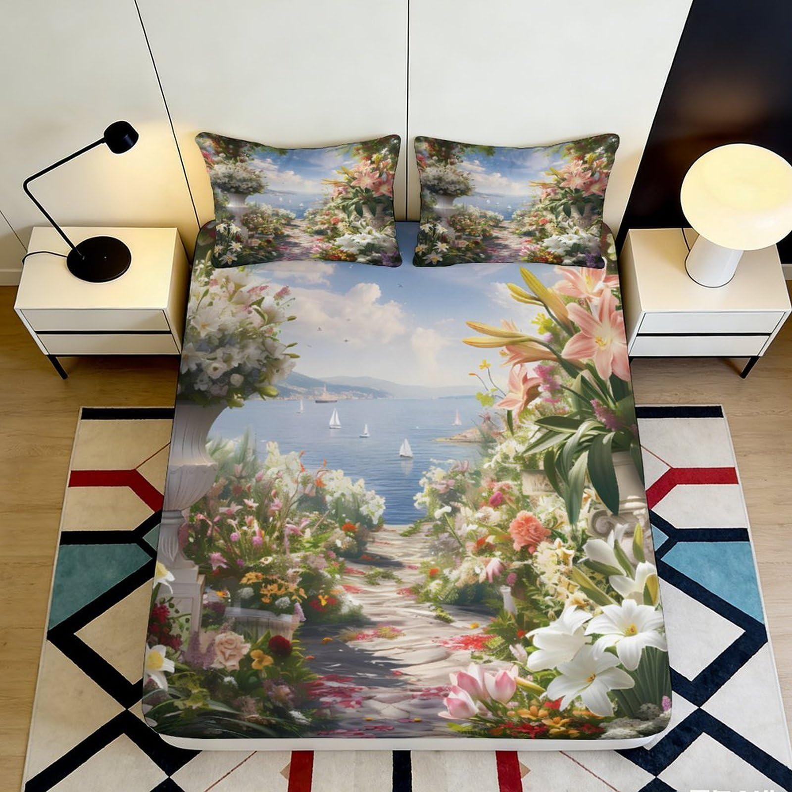 Decorative Garden View Fitted Sheet, 3D Printed, Microfiber Soft Touch, Bed Cover for Bedroom, Guest Room, Wrinkle Resistant, Apartment Bedding, Easy Care, Flower Path Pattern, 118 chars 90x200x25cm