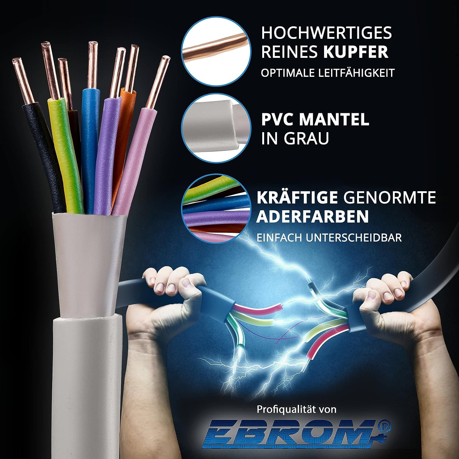 EBROM NYM-J 7x1,5 mm² Installationskabel, Mantel GRAU, 7 Litzen FARBIG 5 m | 5 m bis 100 m 7x1,5 mm2 Installationsleitung mit bunten farbigen Adern zur perfekten Zuordnung bei der Installation 300V/500V