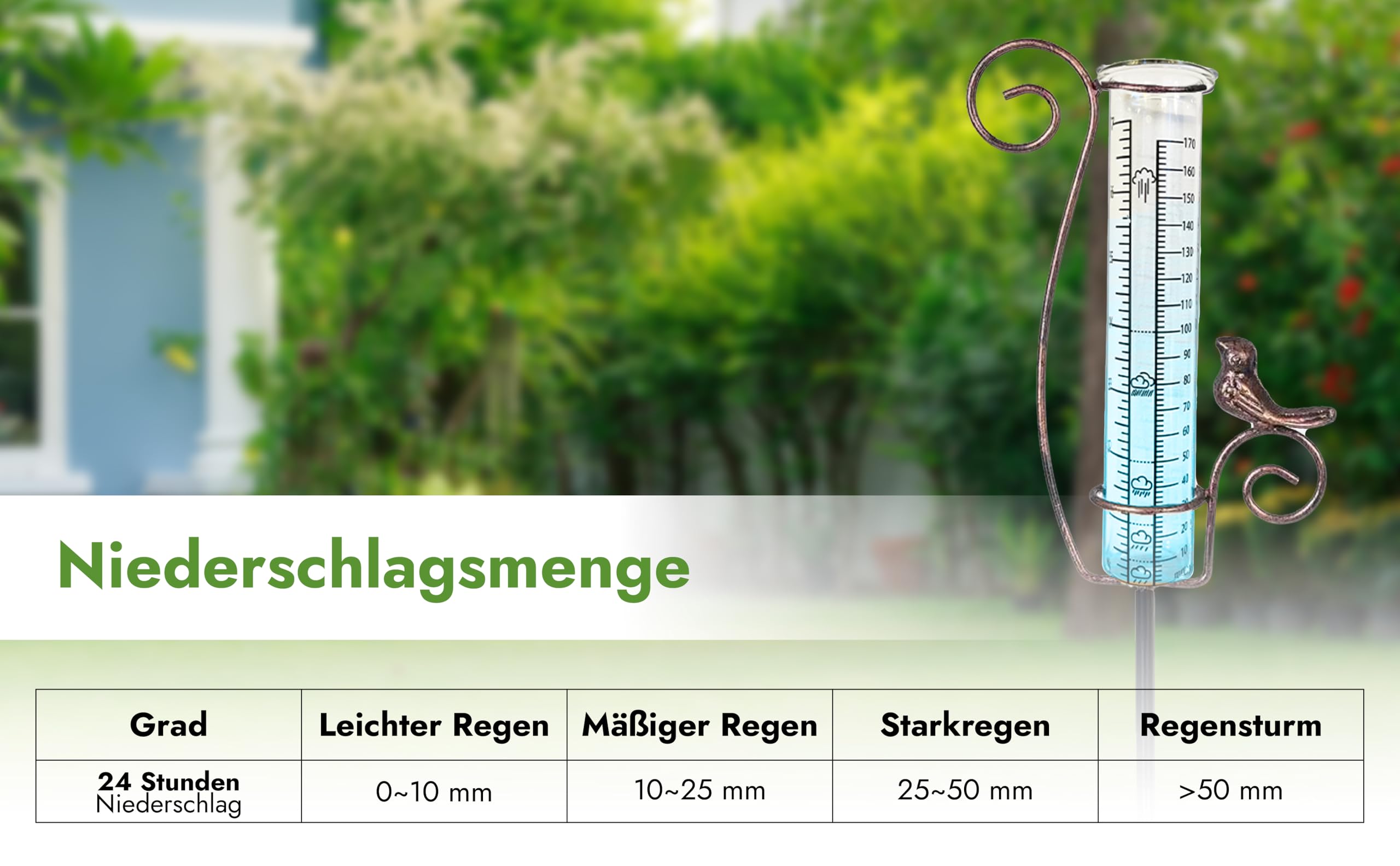 Regenmesser – Regenmesser für Garten – Frostbeständiges Glas – Niederschlagsmesser – Flexibel platzierbar – Gartendeko – Geschenk für Gartenliebhaber