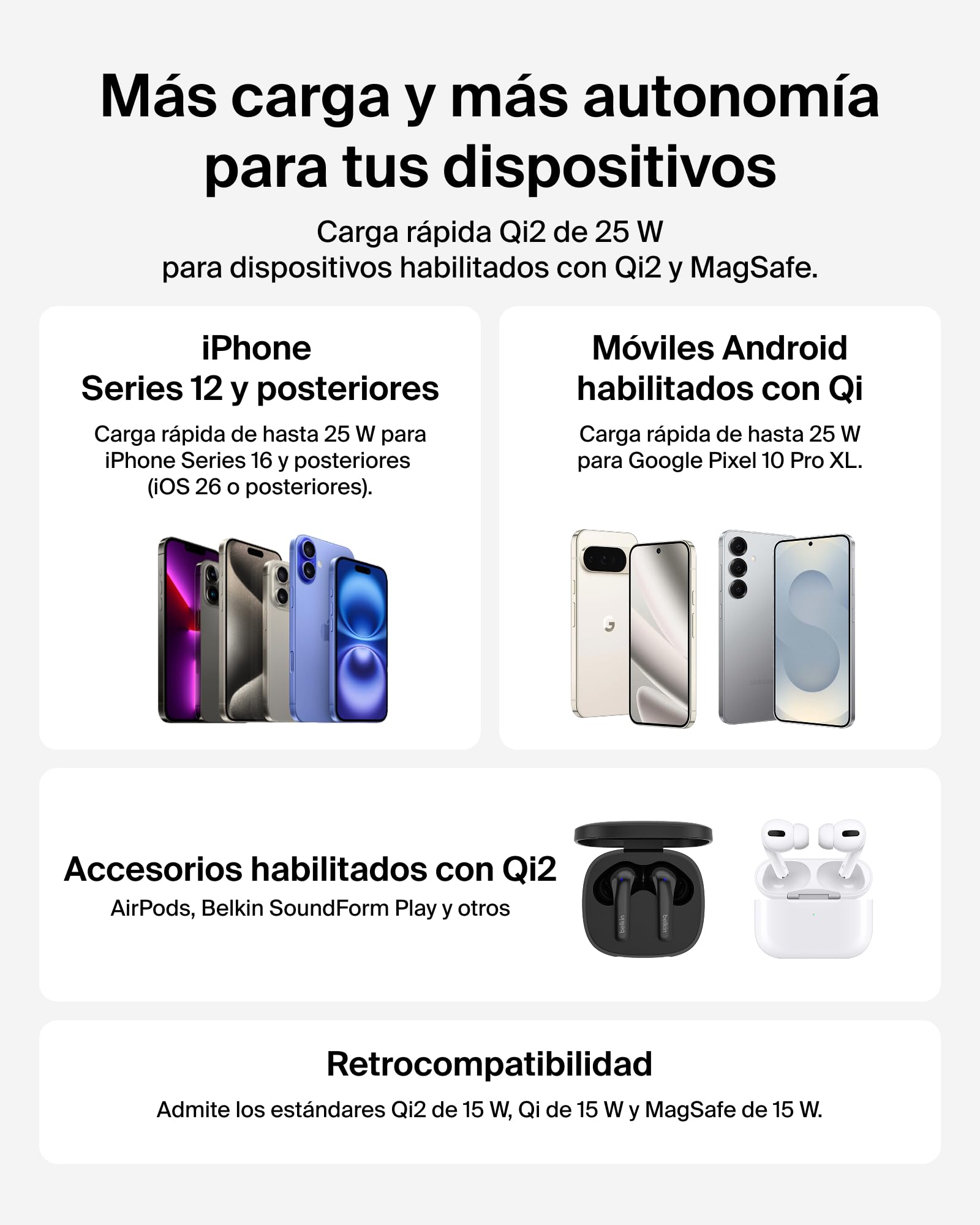 Belkin UltraCharge Cargador Inalámbrico Magnético Qi2 25W, Carga Rápida, Compatible con MagSafe, Refrigeración Pasiva y Soporte, iPhone 17 Series, Pixelsnap y AirPods Pro, con 45w fuente de alimentaci