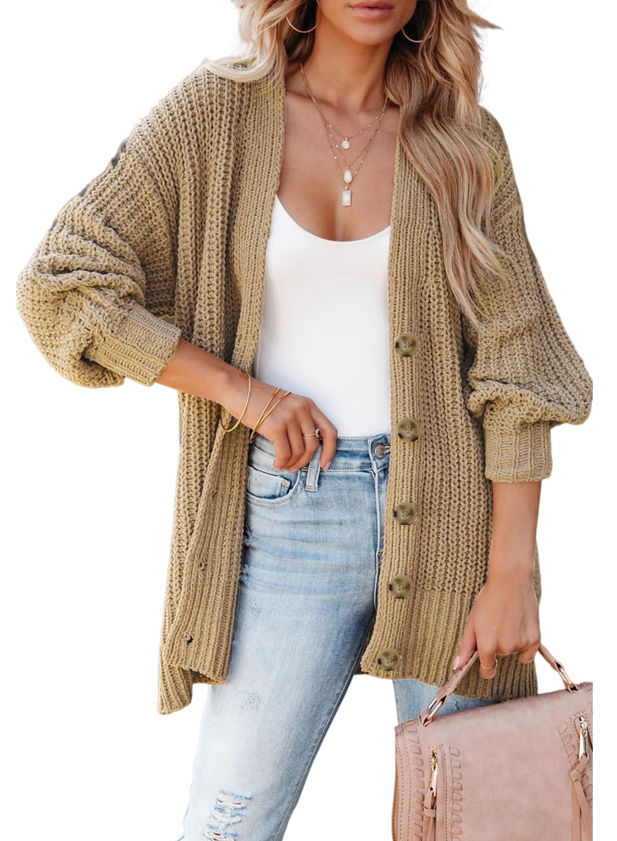 SHEWIN Womens Oversized Open Front Cardigan Sweaters Long Lantern Sleeve Button Knit Chunky Sweater Outerwear Coats