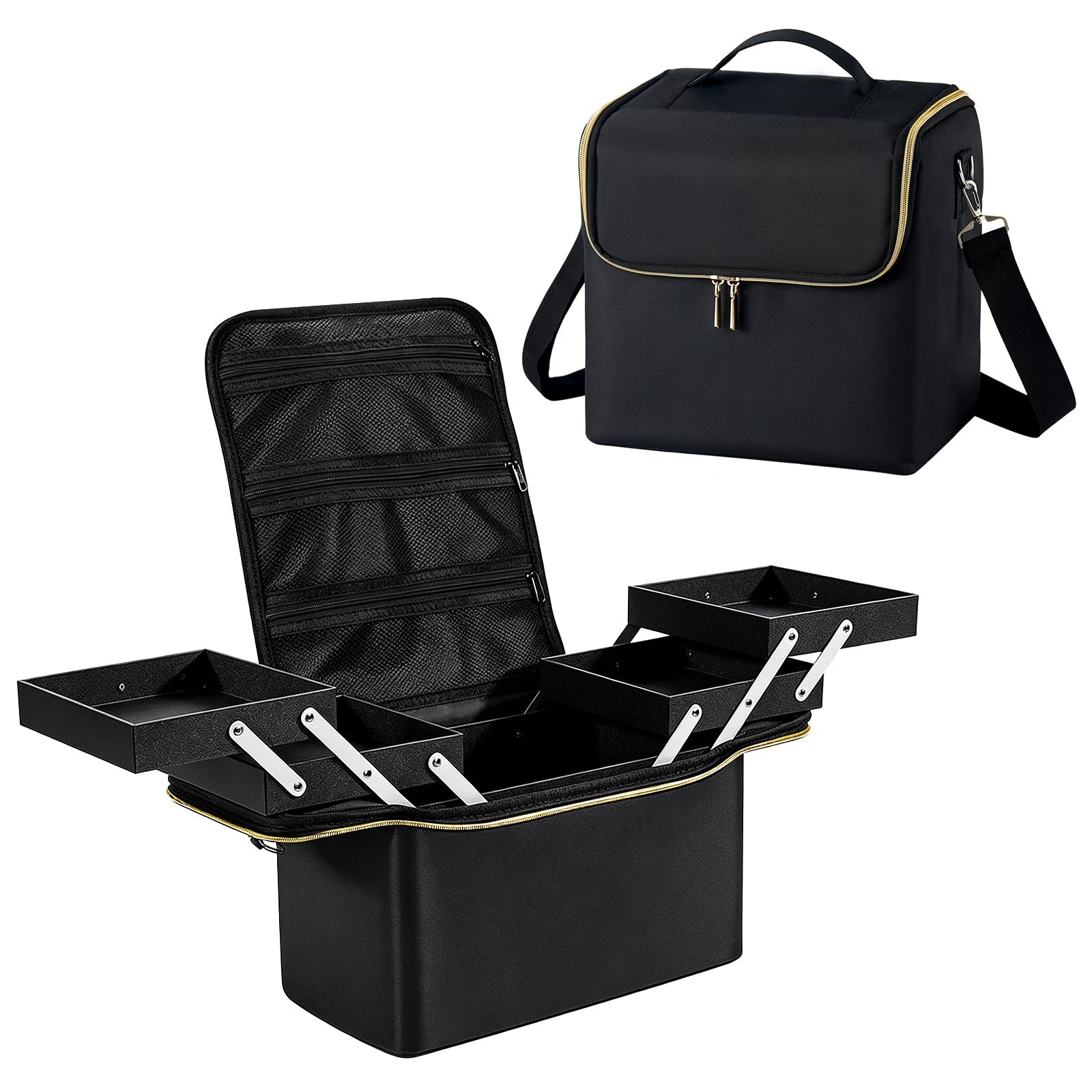 Joligrace Trousse per trucchi e cosmetici, organizer per smalti con tracolla, Oro e nero.