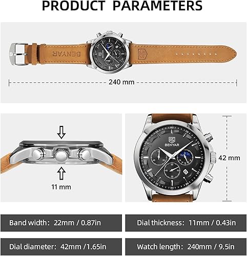 Miniatura 6 de BY BENYAR Relojes para hombre, cronógrafo analógico de cuarzo, impermeables, relojes de pulsera para hombre, moda de negocios, trabajo, casual,