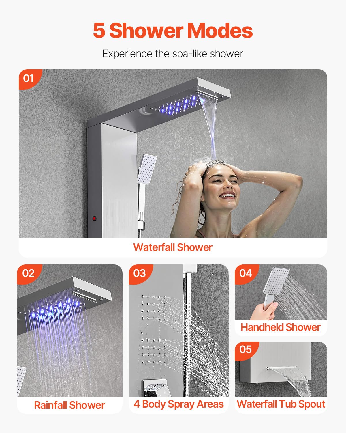 VEVOR Pannello Doccia a Torre con Soffione a Cascata LED, Colonna Doccia in Acciaio Inox Spazzolato 1345 mm, Rubinetto 5 Funzioni con Doccetta e Beccuccio per Vasca