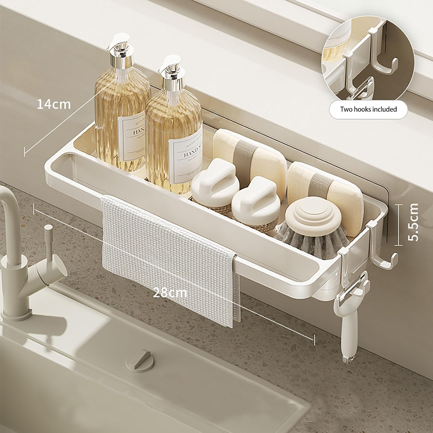 Sink Organiser, No-Drill Kitchen Rack with Drip Tray and 2 Hooks, Self-Adhesive Wall Mount for Sink, Bathroom and Kitchen Storage image 2