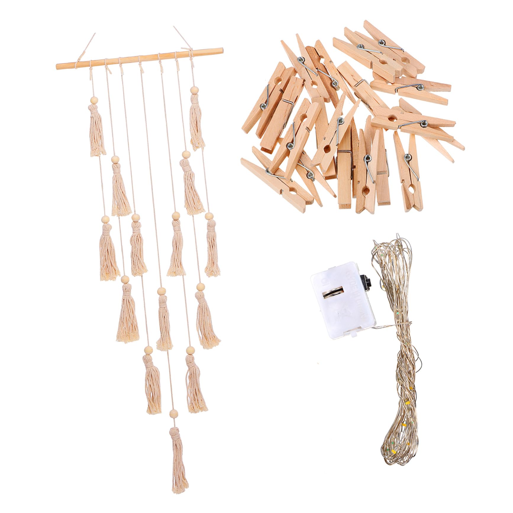 VINTORKY Macrame Photo Wall Display with Clips and Lights Beige Wall Decor for Birthday Party Decorations Multi Functional Hanging Picture Storage Beautiful Cotton Thread Design Large