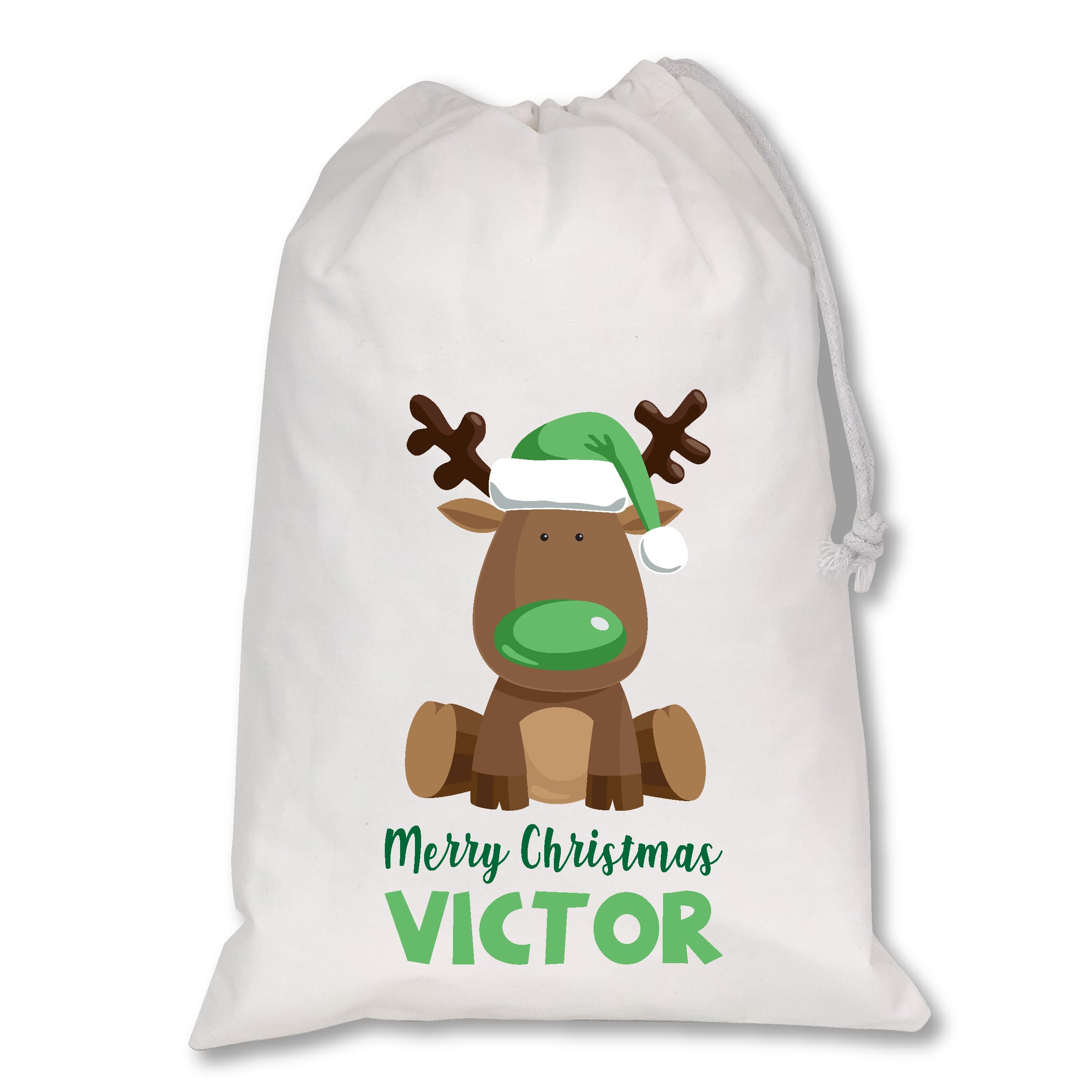 Personalised Christmas Santa Sack Xmas Reindeer Santa Custom Name Gift Bag for Kids & Adults Festive Large Reusable Holiday Present Bag (White Sack - Reindeer Green)