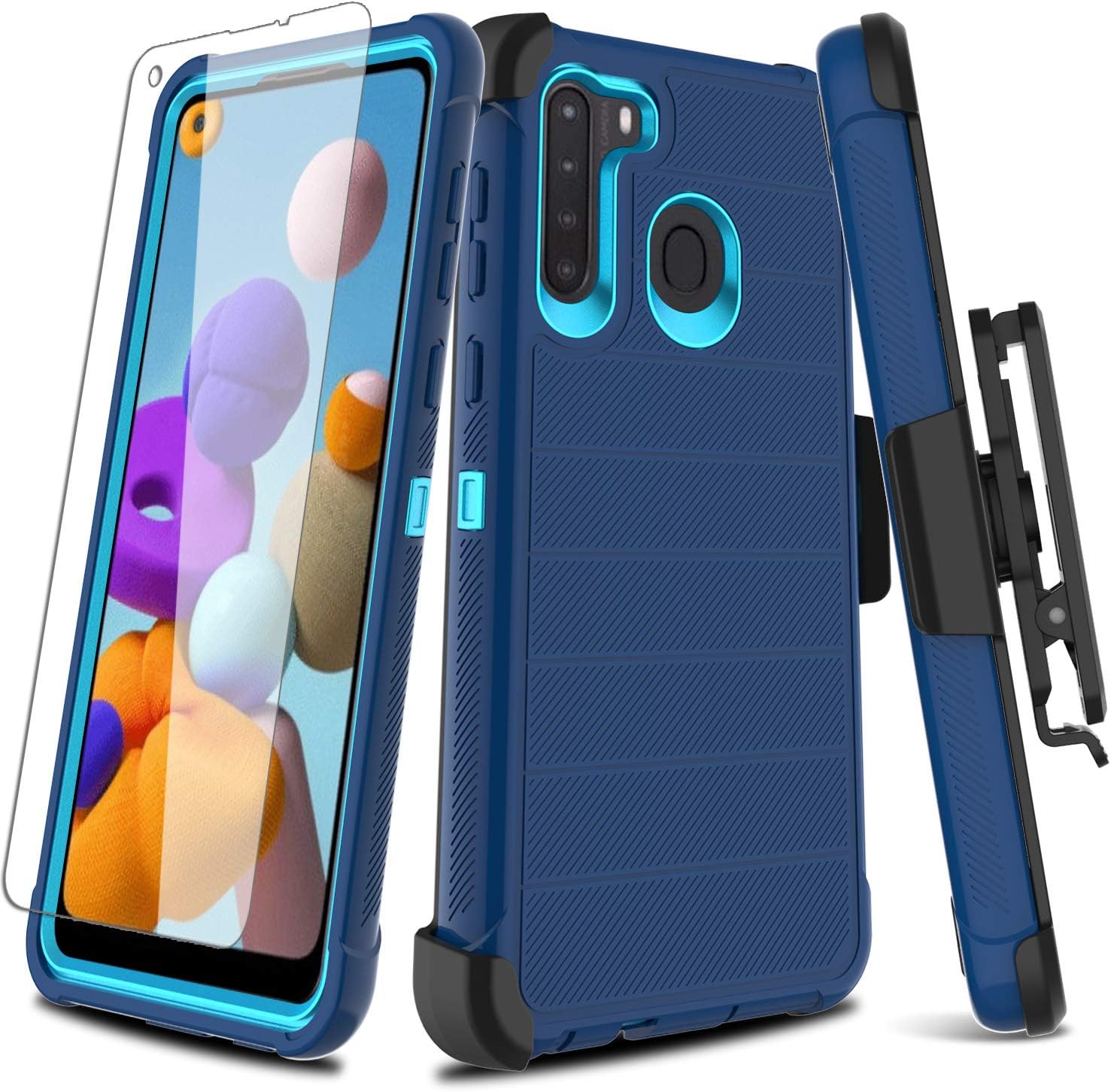 Leptech for Galaxy A21 Case with Soft TPU Screen Protector, [Holster Series] Full Body Heavy Duty Armor Protective Phone Cover with Kickstand Belt Clip Case for Samsung Galaxy A21 (Navy)