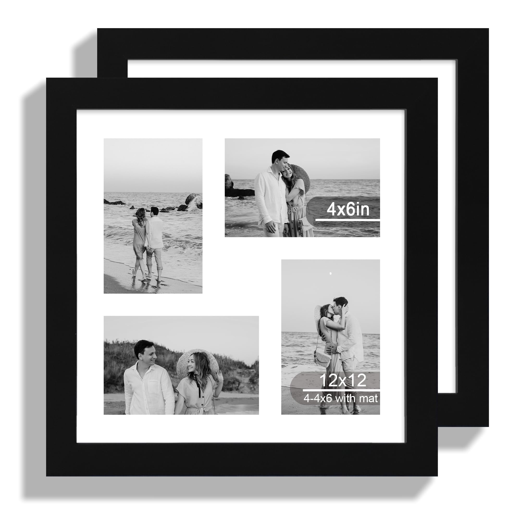 Photo 1 of Hongkee 12x12 Picture Frame Set of 2, Black Wood Frame with Glass Collage Frame, Display Pictures 4-4x6 With Mat or 12 x 12 Without Mat, Square Photo Frames Collage for Wall Hanging or Tabletop