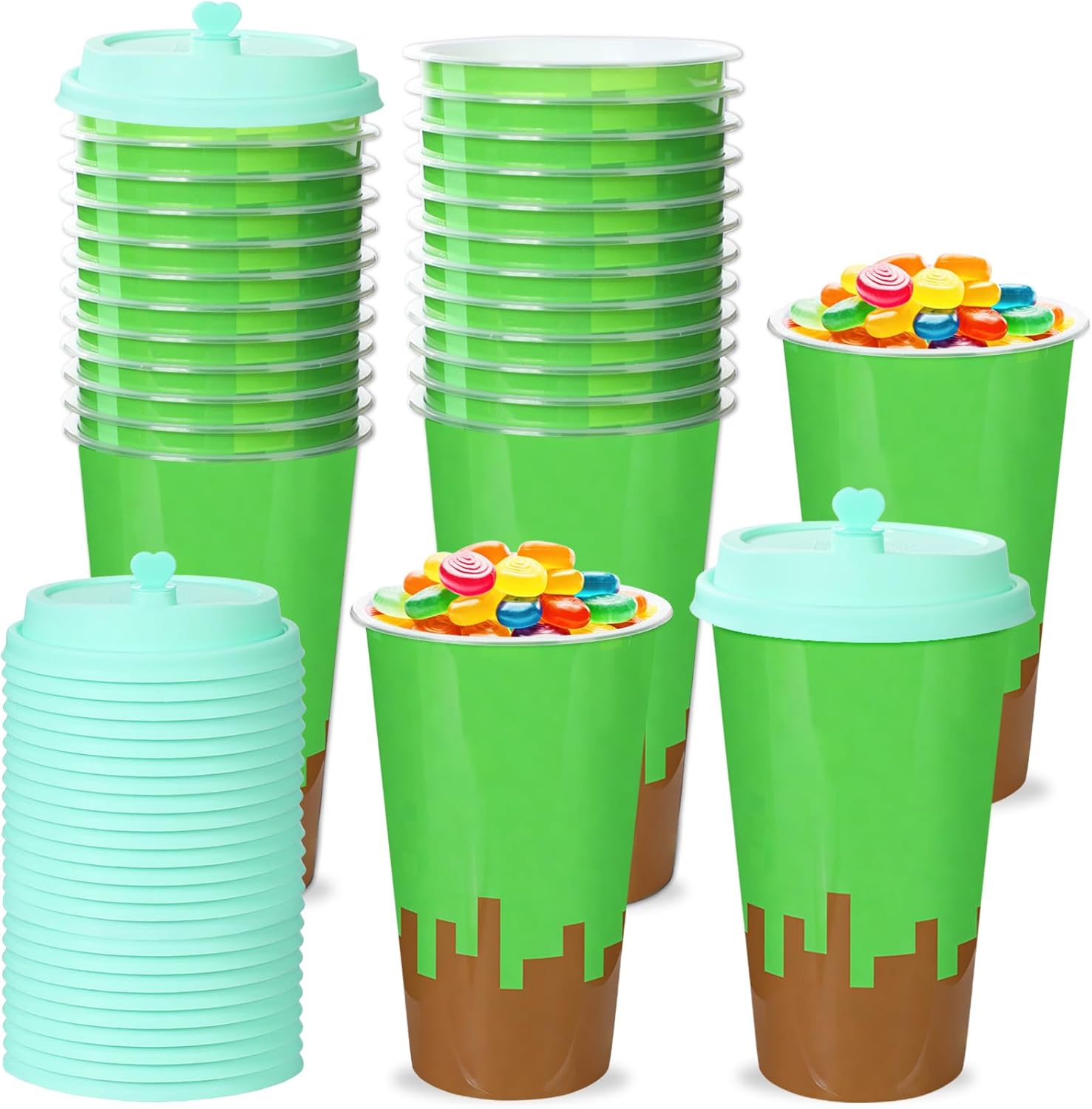 48 Pack Pixel Party Favors Goodie Cups Video Game Birthday Party Cups 16 oz Reusable Pixel Game Themed Plastic Cup with Lid Plugs for Gamer Pixelated Birthday Shower Decorations