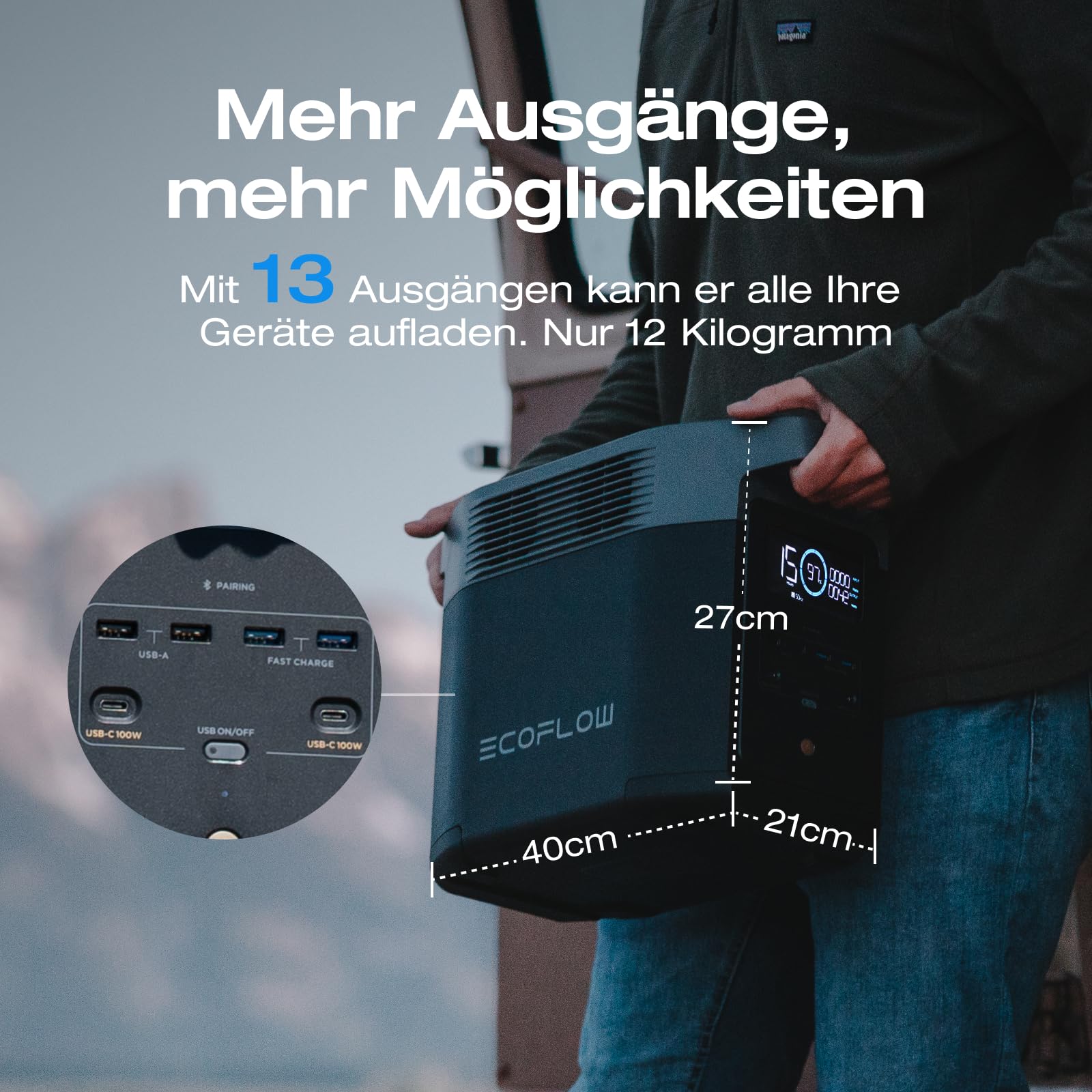 EF ECOFLOW Delta 2 1024Wh Tragbare Powerstation mit XT60i Kabel, Solargenerator mit LiFeP04, erweiterbarer Kapazität bis zu 3kWh, Schnellladung von 0-80% in 50 Mins, Stromaggregat für Camping/Zuhause | LFP Akku, Schnellladung, Solargenerator für Haushalt,