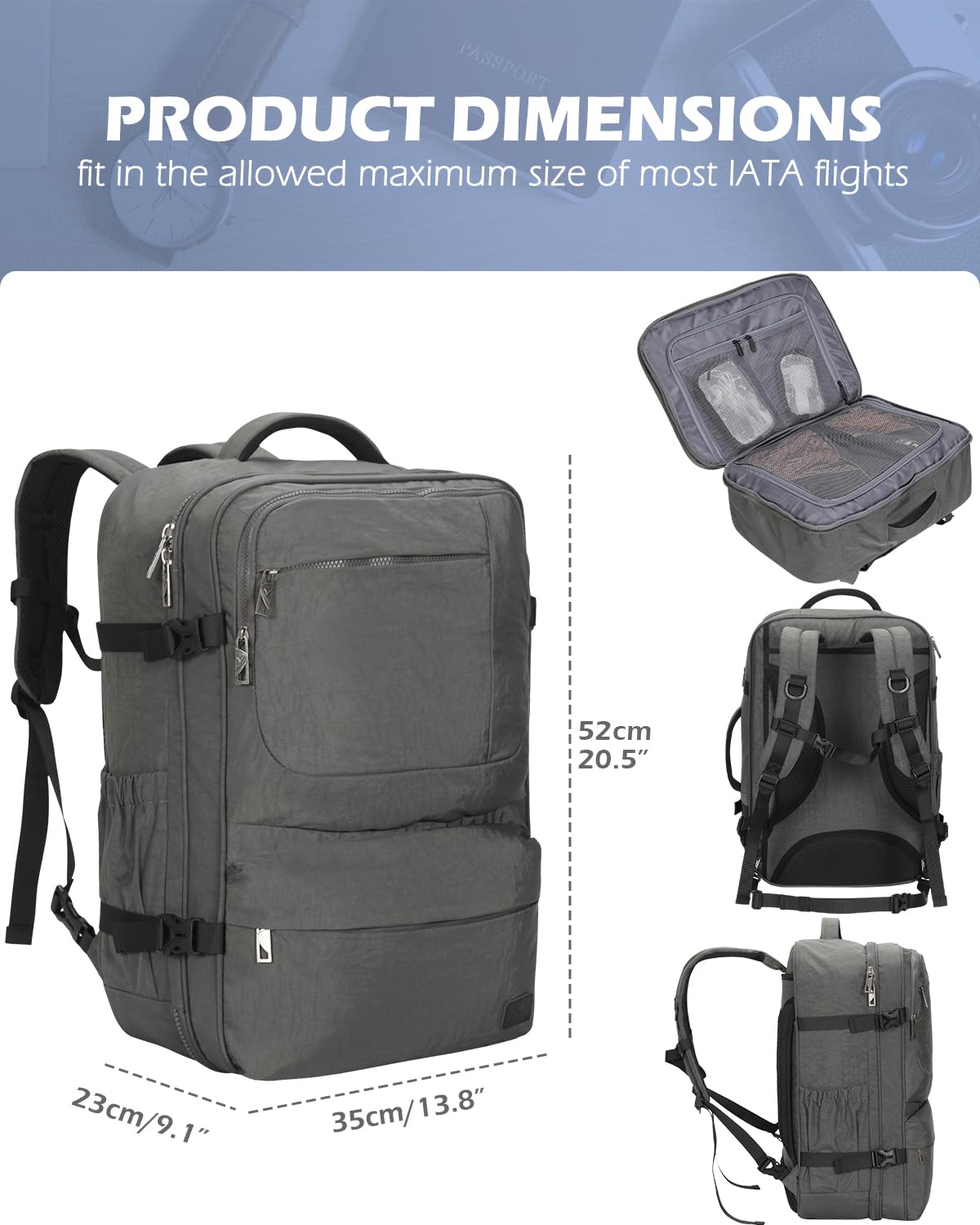 Hynes Eagle 44L Carry on Backpack Airline Approved Travel Backpack for Men Women Large Laptop Backpack 17 inch Nylon Backpack Overnight Weekender Duffel Bag Grey with 3PCS Packing Cubes