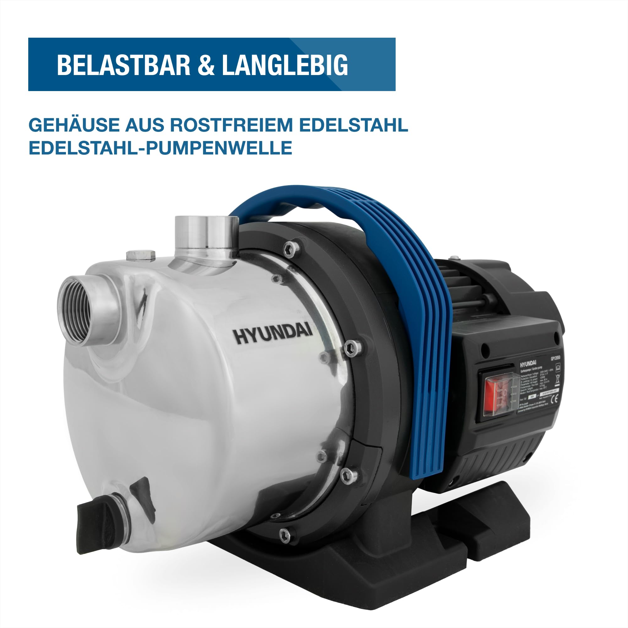 HYUNDAI Gartenpumpe GP12050 | 1200 W, Fördermenge 5.000 l/h | Förderhöhe: max. 50 m, Ansaughöhe: max. 8 m | Edelstahl-Gehäuse | Wasserpumpe
