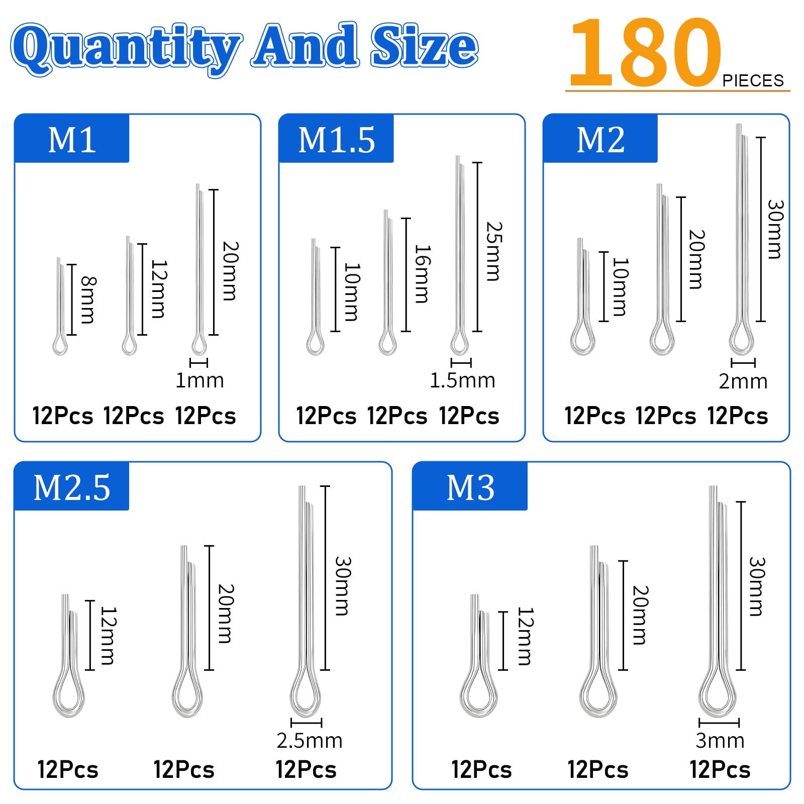 180pcs 15-Size Stainless Steel Split Cotter Pins Kit, Silver Tone Clip Key Fastner Fitting for Automotive Mechanics, Car Garage - Image 2