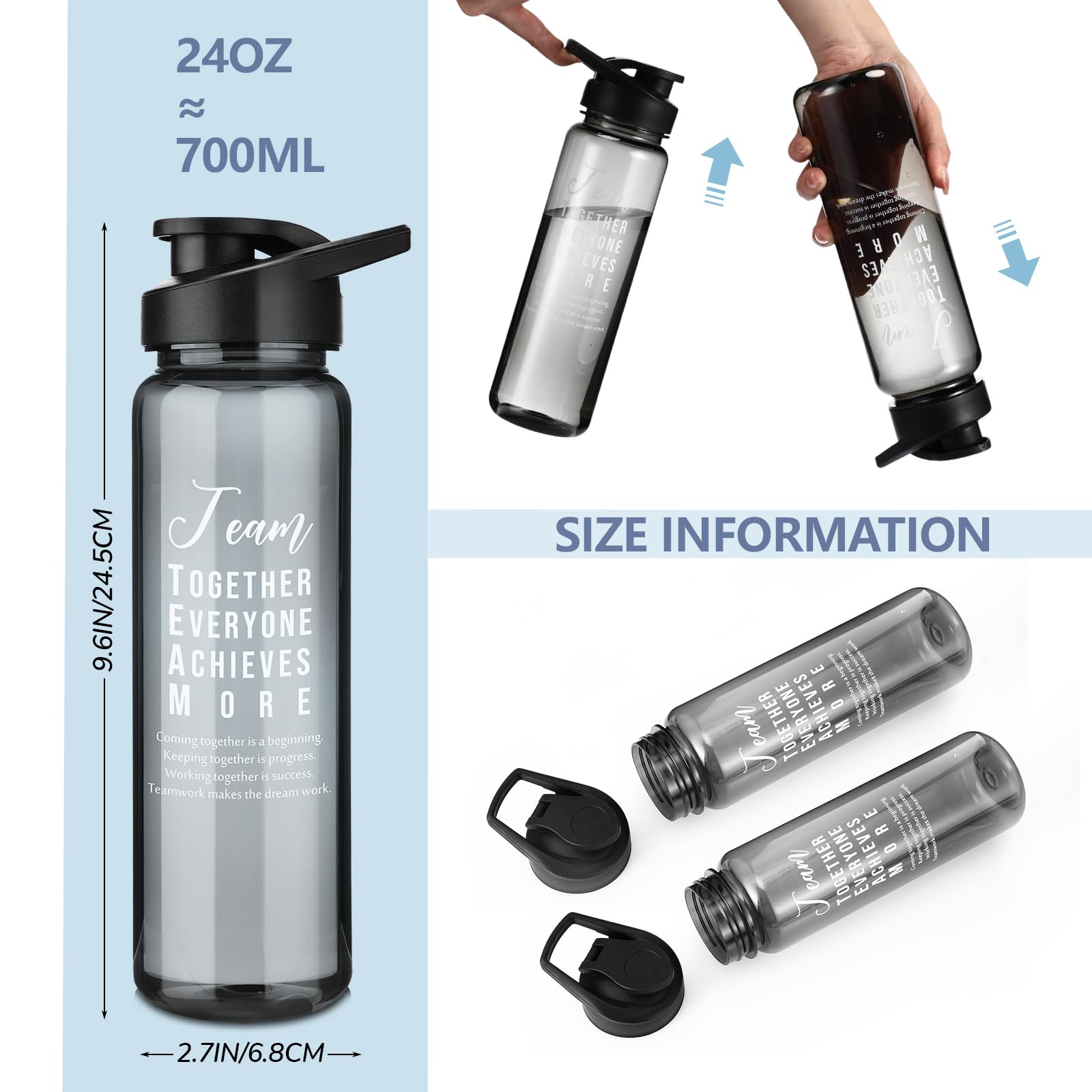 Pinkunn Wasserflaschen für Mitarbeiter, Dankeschön, 680 ml, inspirierende Geschenke, Sportflaschen mit Deckel, für Kollegen, Mitarbeiter, Krankenschwestern, Gruppe, transparent, Grau, 12 Stück