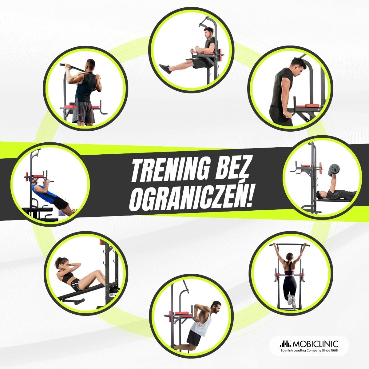 Mobiclinic® fitness, Stacja do treningu łowego, 9 w 1, Składana, Domifit, Regulowana 8 wysokościach, Drążek podciągania, Ławka rozkładana, Stojak na sztangę, Wielofunkcyjna, Antypoślizgowa, Wyś