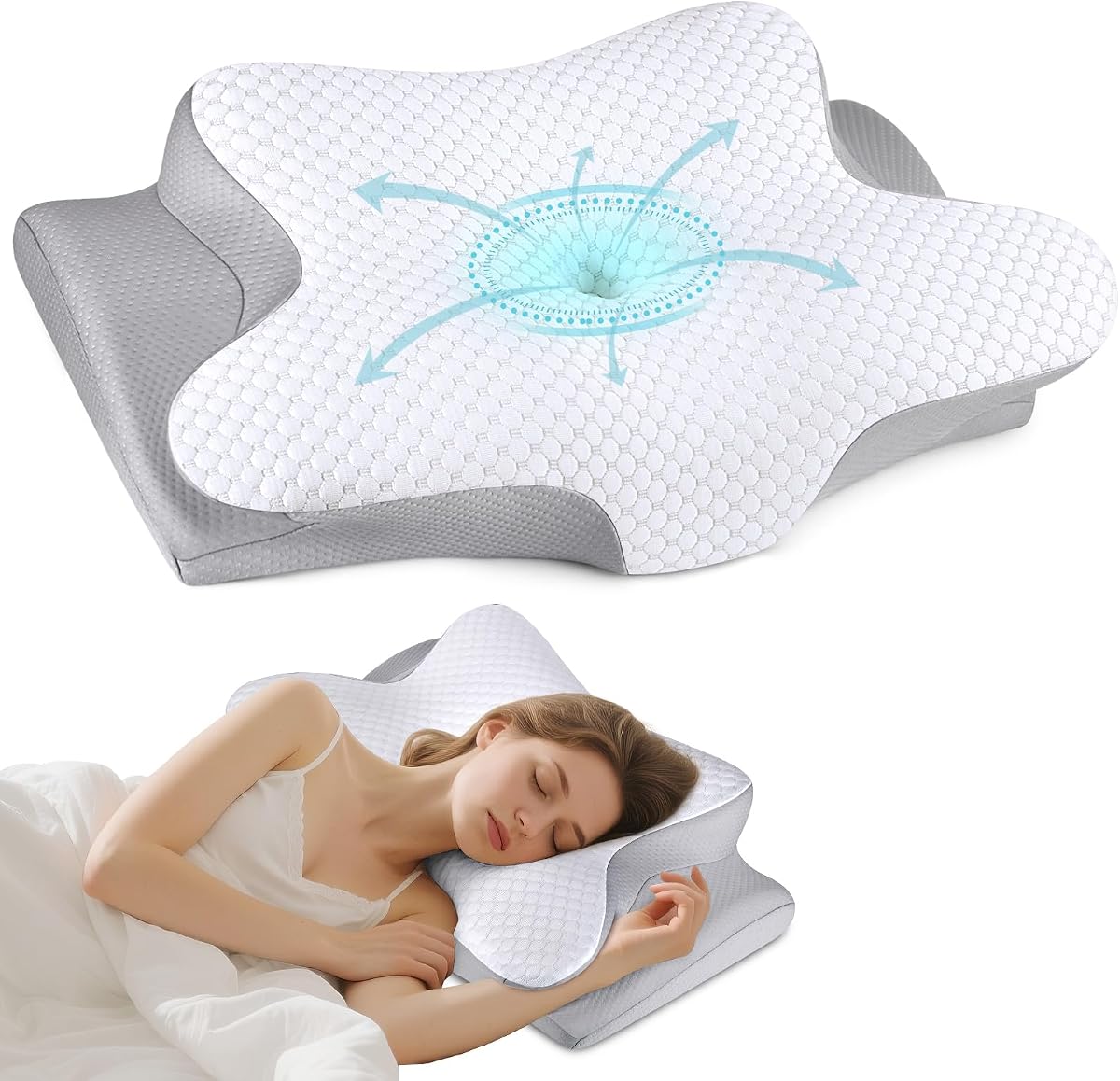 Almohada cervical para dormir – Almohada ergonómica para dormir de lado para aliviar el dolor, almohada cervical de contorno para soporte de cuello, almohadas ortopédicas de espuma viscoelástica, almohada de cama para dormir de lado boca abajo