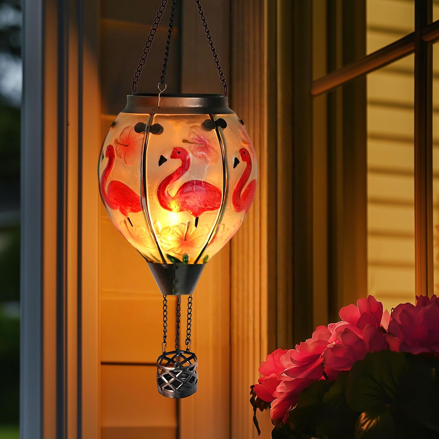 Hot Air Balloon Solar Lantern - Flamingo Stained Glass Hanging Solar Lights, Outdoor Decor with Flickering LED Flame Lights Waterproof for Patio Lawn Porch Decor, Unique Gifts for Women Mom