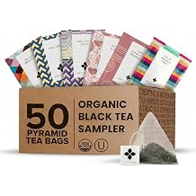 Art of Tea Organic Black Tea Sampler 50 Count Variety Pack - English Breakfast, Earl Grey, Earl Grey Creme, Masala Chai, Rose & Chocolate Peppermint - Gourmet Tea Bags Gift Set