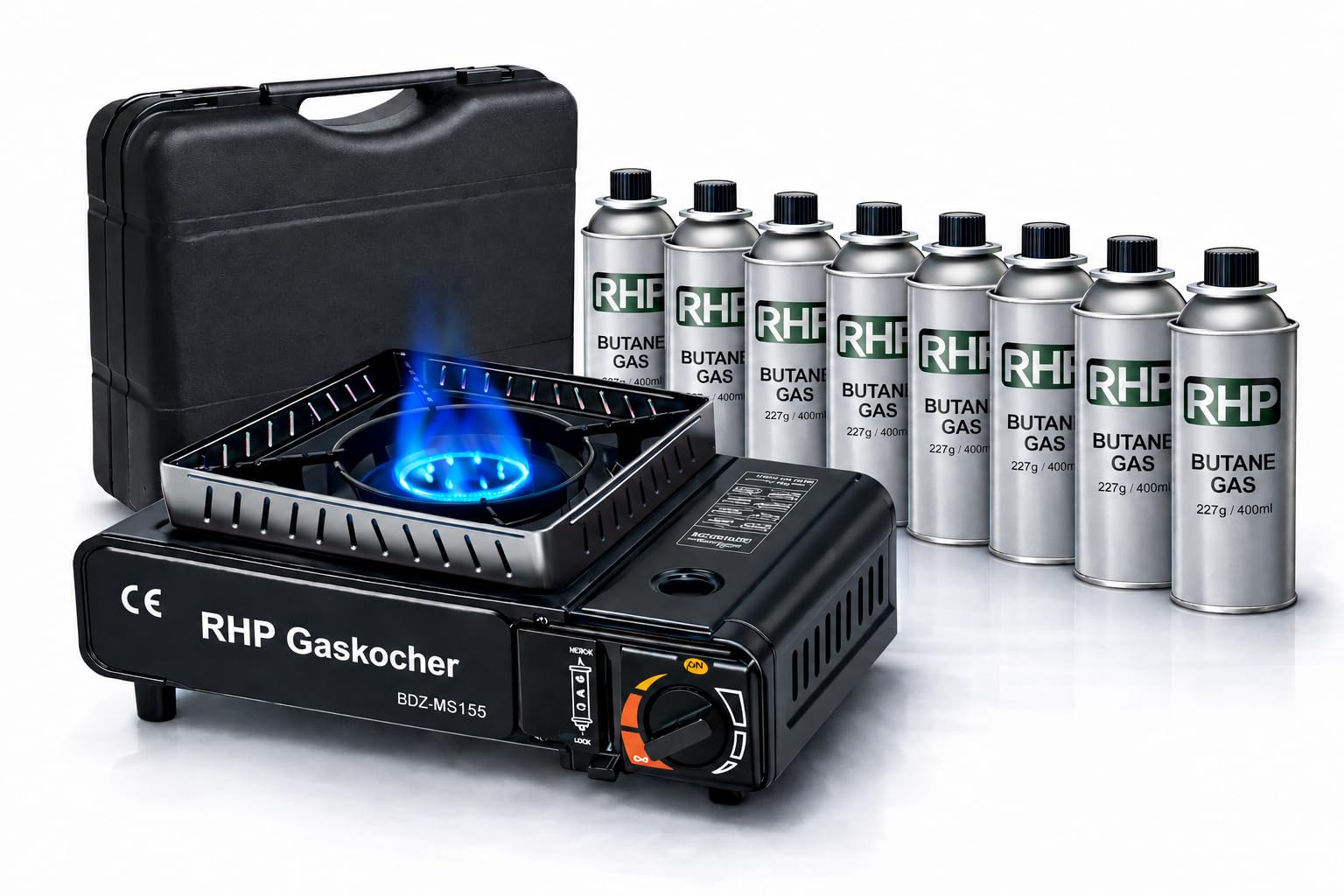 Réchaud à gaz d'extérieur RHP cuisinière de camping I cuisinière à gaz avec 8 cartouches de gaz à baïonnette - avec étui pratique - jusqu'à 30% de consommation de gaz en m