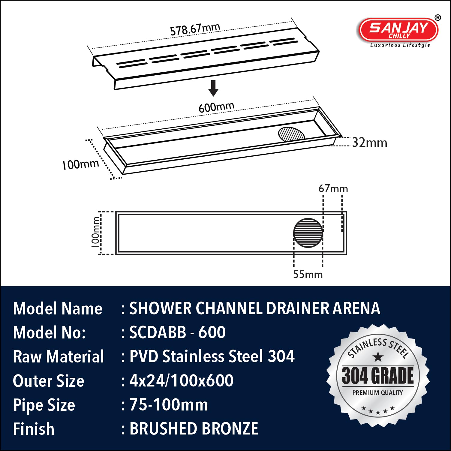 SANJAY CHILLY Arena Shower Channel Drainer Colour Collection SS Floor Drain Channel 304 Grade Cockroach Trap with Collar Luxurious Bathroom Gratings (Side Hole - Brushed Bronze - 24x4 INCH) 1
