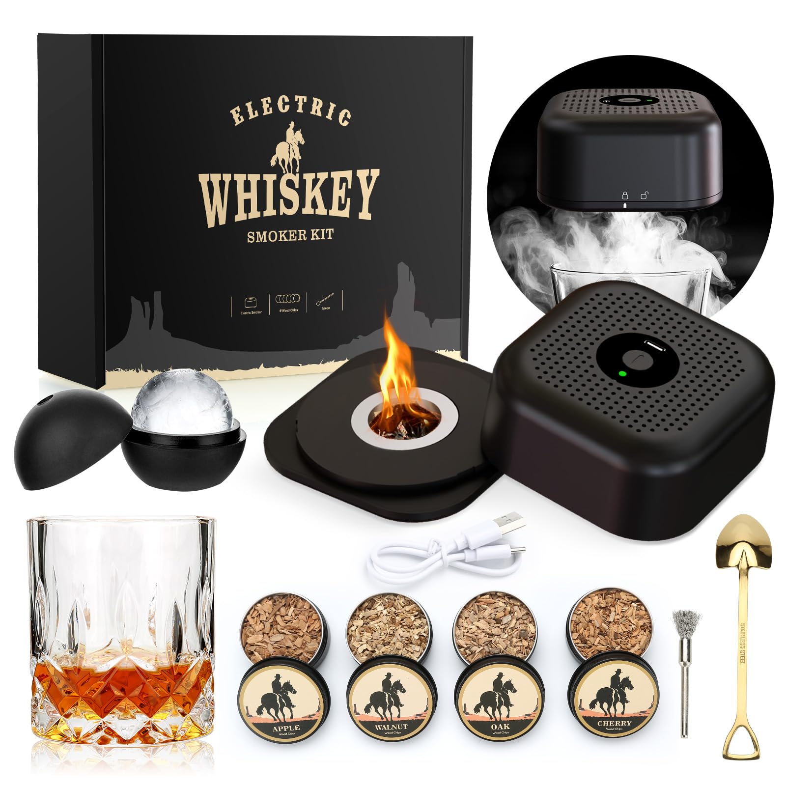 Geschenke für Männer - Elektrischer Whisky Smoker Set mit 4 Holzchips, Whisky Gläser & Eisball-Form, Wiederaufladbare Cocktail Smoker Kit, Drink Smoke-r Geschenk für Vater, Cocktail Liebhaber