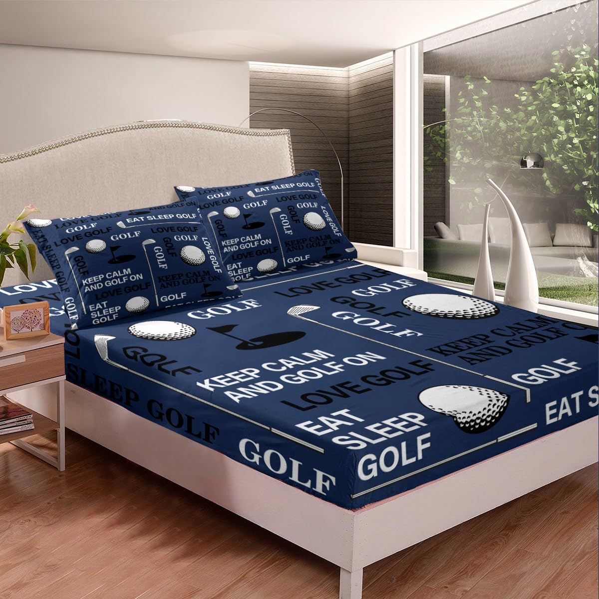 Castle Fairy Golf Boys Bed Sheets Queen Size,Golf Ball Bedding Sets 4Pcs for Kids Teens Men Room Decor,Outdoor Sports Gaming Fitted Sheet Modern Navy Blue Quilted Top Flat Sheet,2 Pillowcases