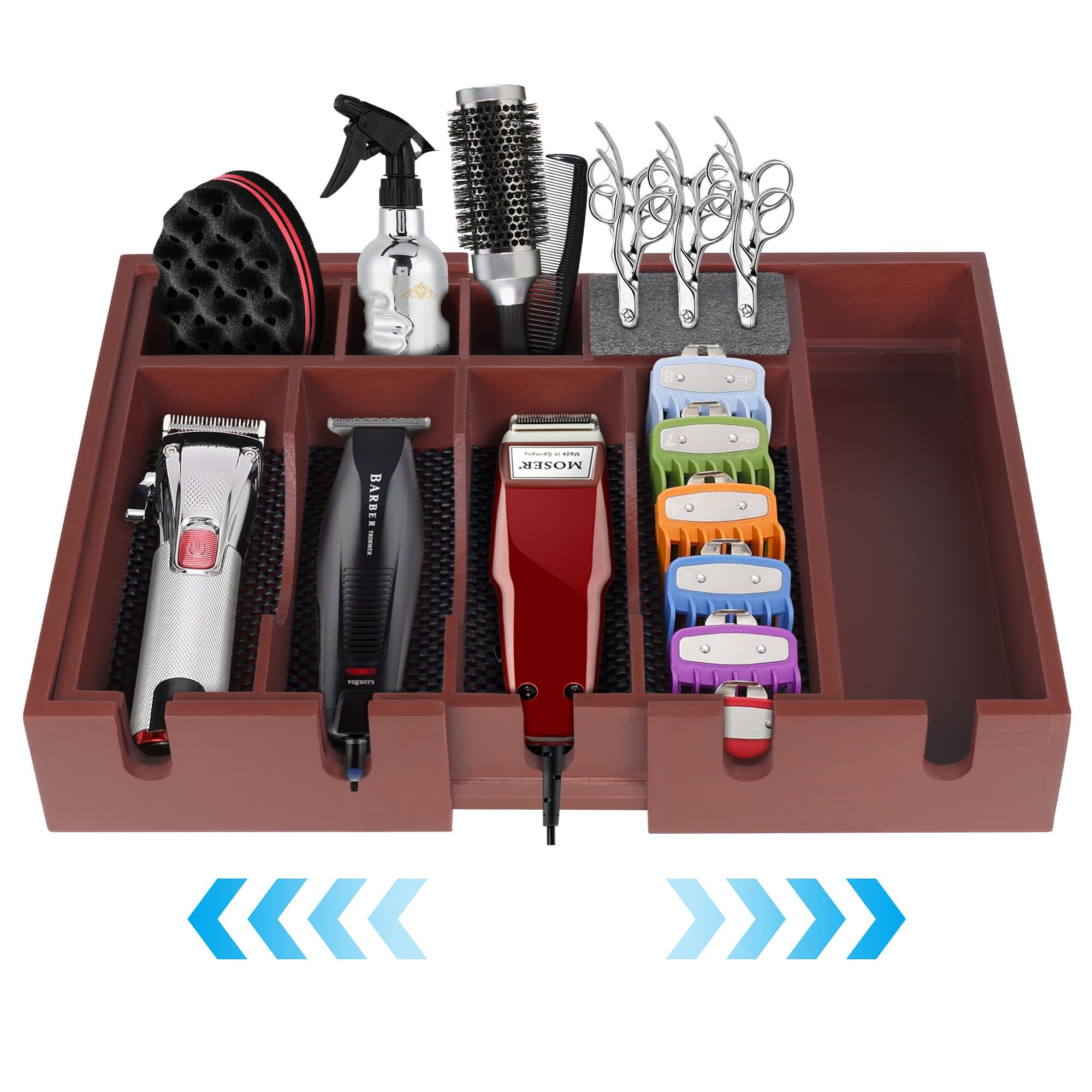 Invech Wooden Barber Clipper Tray with 6 Notches, Anti-slip Barber Station Organizer, Push-pull Hair Clipper Holder and Shaver Storage Box