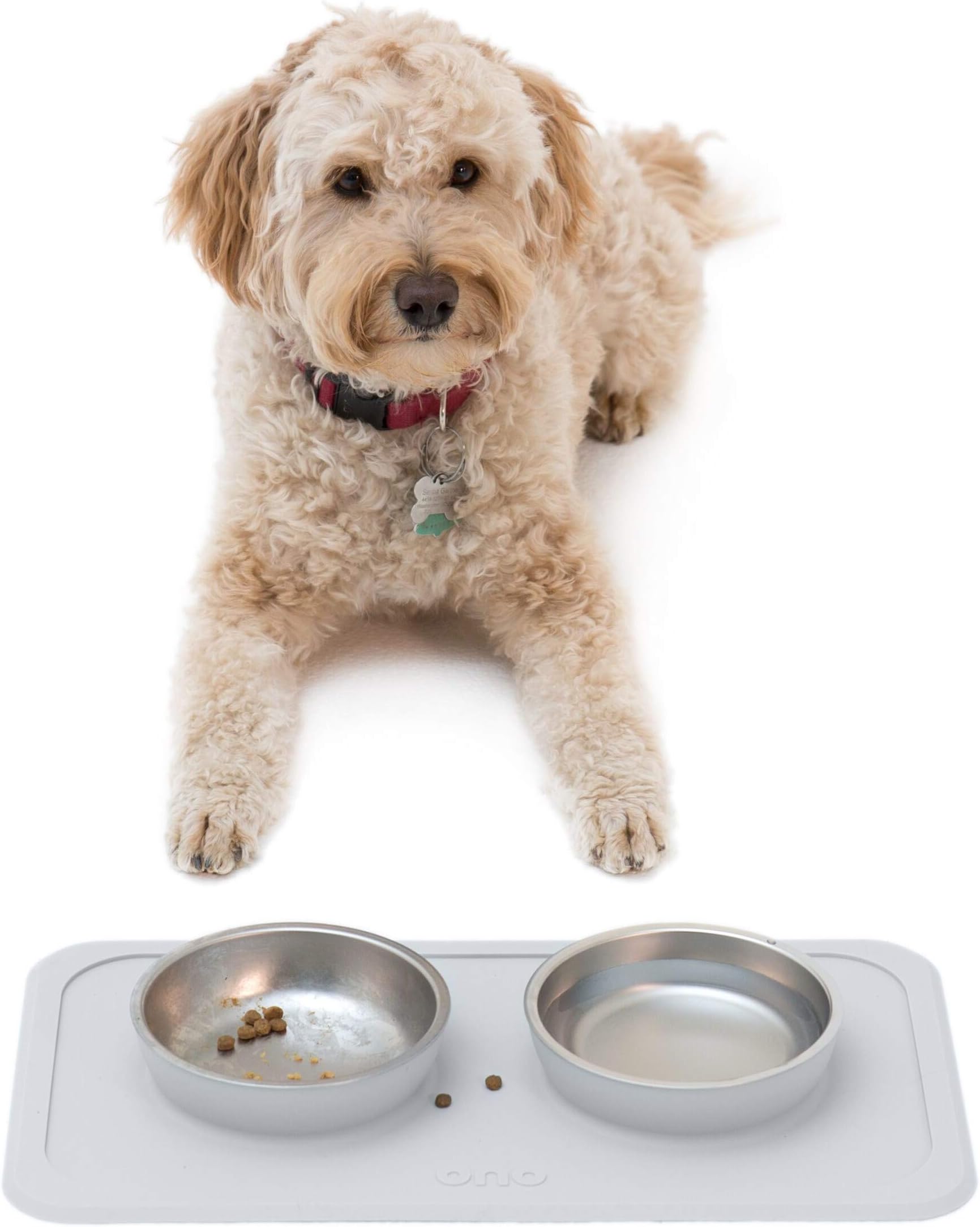 Good Bowl Food & Water Double Feeder - Small to Medium Pets No Spill Non Skid Silicone Mat & Stainless Steel Bowls for Dogs or Cats (Cool Gray)