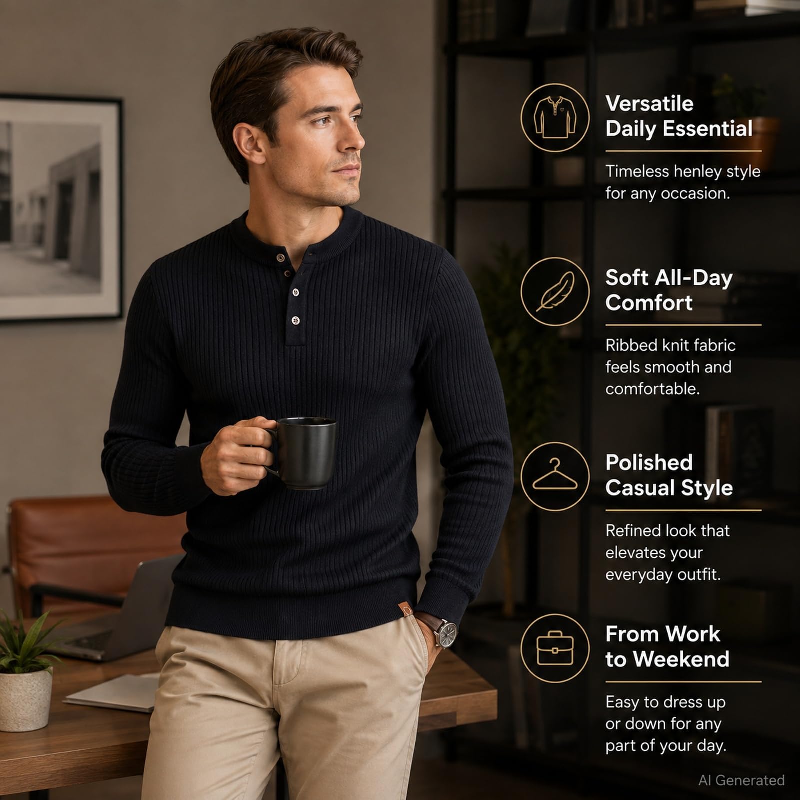 Męska koszulka Henley z długim rękawem Slim Fit Stretch Ribbed Pullover