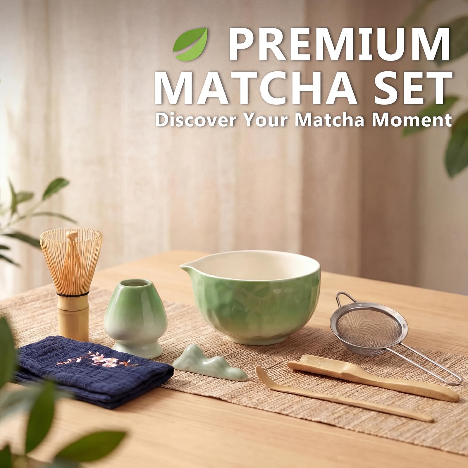 Matcha Kit 8 piezas, Kit Té Matcha Completo Con Cuenco Matcha, Batidor Matcha, Soporte para Batidor, Cuchara, Tamiz, Paño, Kit de Té Matcha Artesanal para Amantes el Matcha, Verde