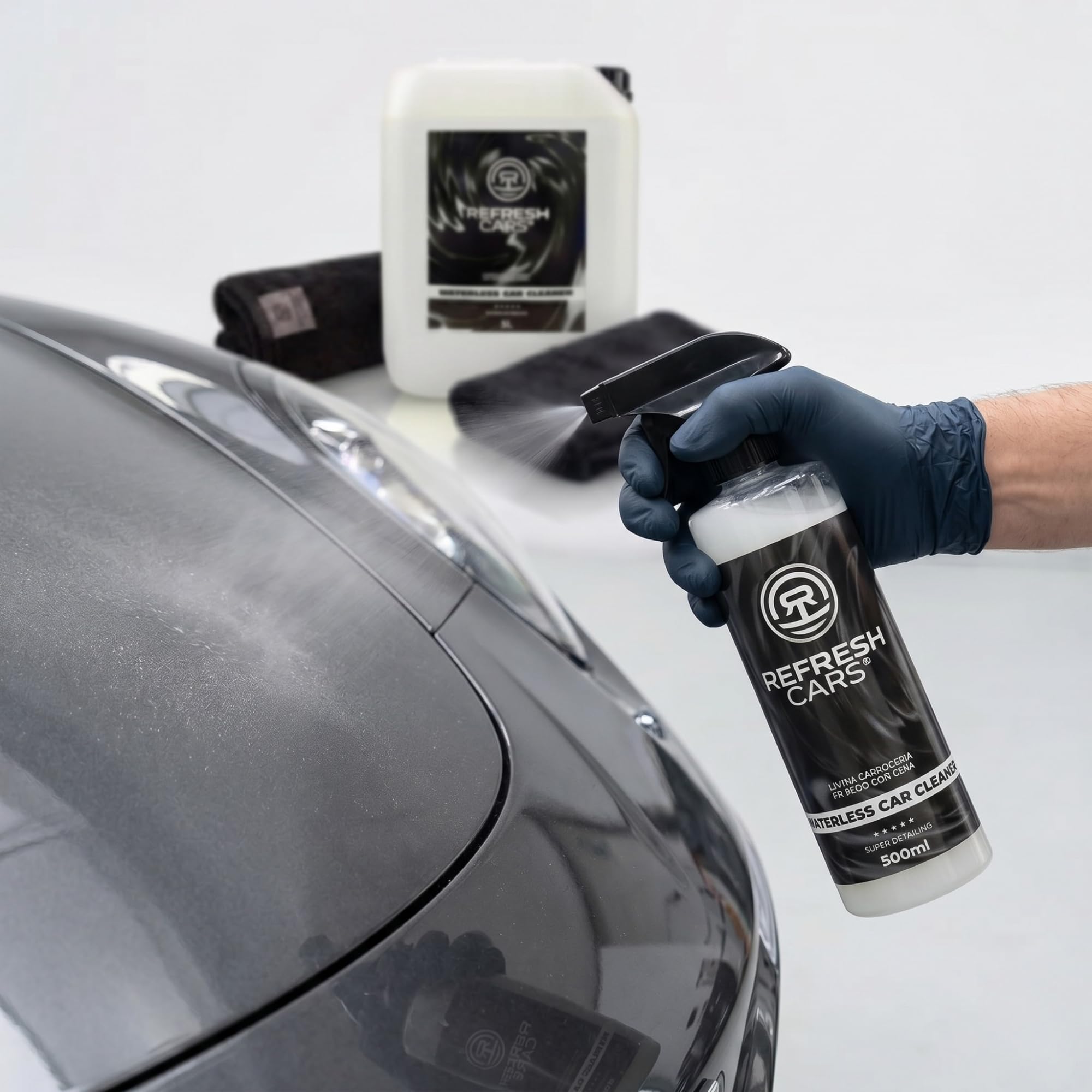 Limpiador de Carroceria con Cera Carnauba 5,5 L + Spray 500 ml - Lavado en Seco Profesional con Ceramica Hibrida - Gran Formato Taller - Abrillantador Hidrofobico para Coche y Moto