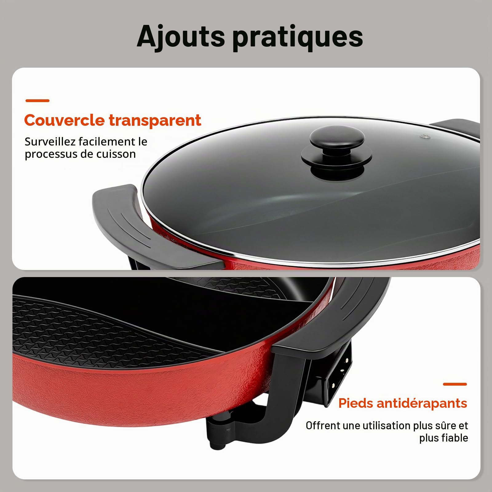 1360 W 6l Faitout électrique avec séparateur, Température réglable, Avec couvercle en verre, Prend en charge différentes méthodes de préparation, y compris la friture, la cuisson et la