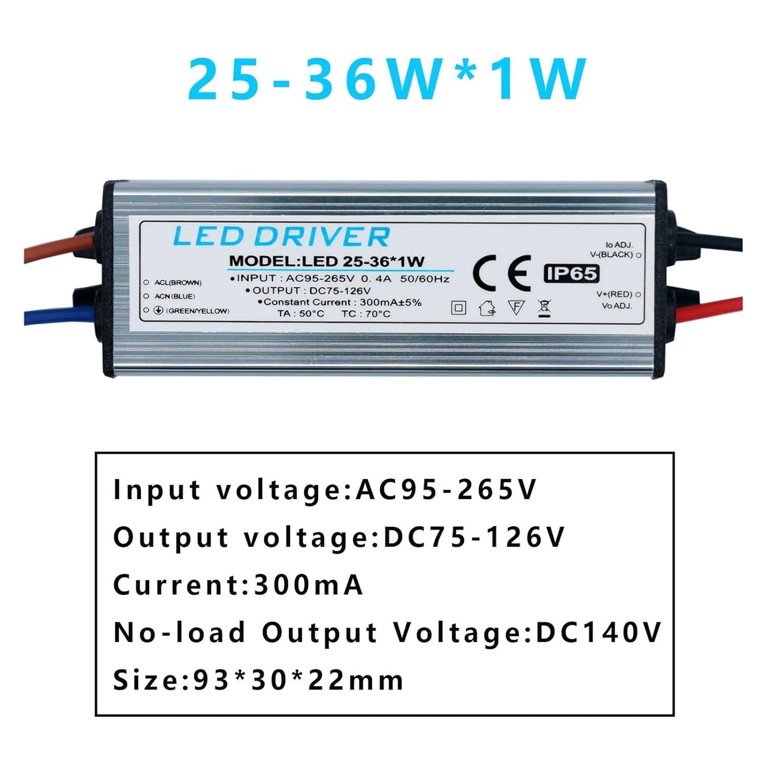 LED Driver 1-3W 4-7W 8-12W 12-18W 18-24W 25-36W AC95V-265V Power Supply 300mA Waterproof IP65 Lighting Transformer(18-25W DC54-90V)