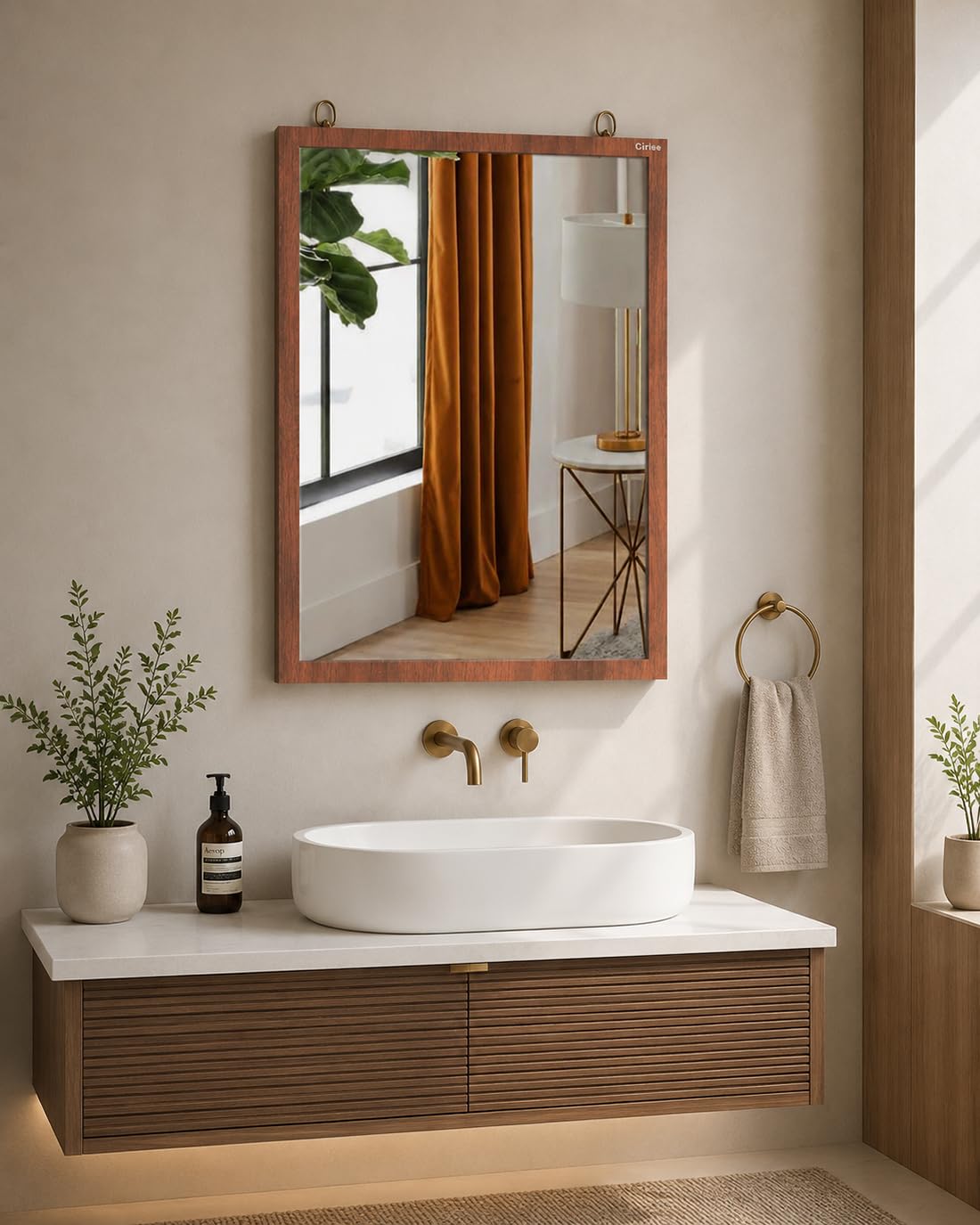 Cirise Solid Wood Rectangular Wall Mirror with Wooden Frame, 33x58 cm | Classic Walnut Finish Bathroom Vanity Hanging Ring Mount Modern Home Décor Entryway MDF Construction Space-Saving Design-image-2