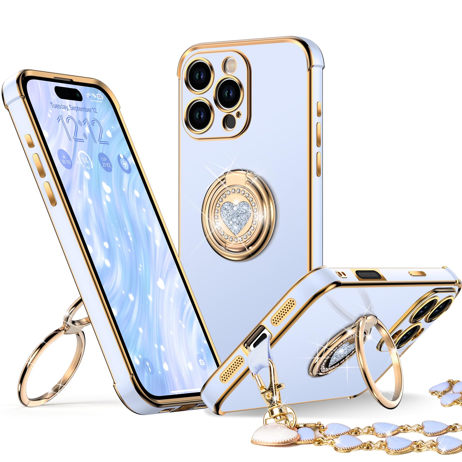 Coque iPhone 2024 Pro Max antichoc béquille double anneau protection bleu