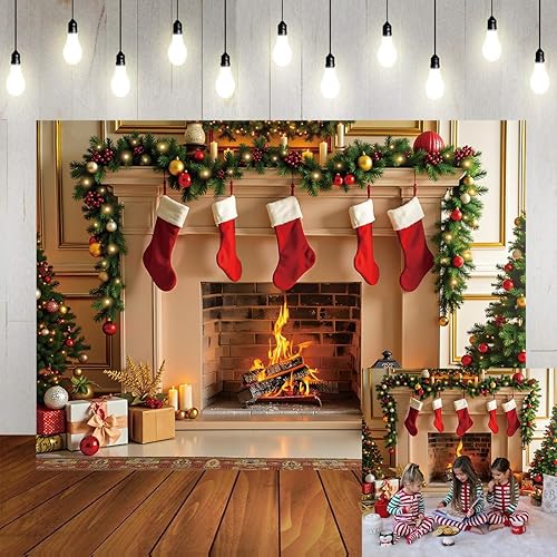 Telón de fondo para chimenea de Navidad, Navidad, con medias de árbol de Navidad, para sala de estar, chimenea, fondo de fotografía, Nochebuena,