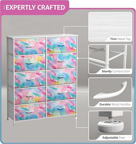 Miniatura 4 de Sorbus Cómoda para niños con 10 cajones, unidad organizadora de cofre de almacenamiento, mesita de noche, marco de acero, parte superior de madera,