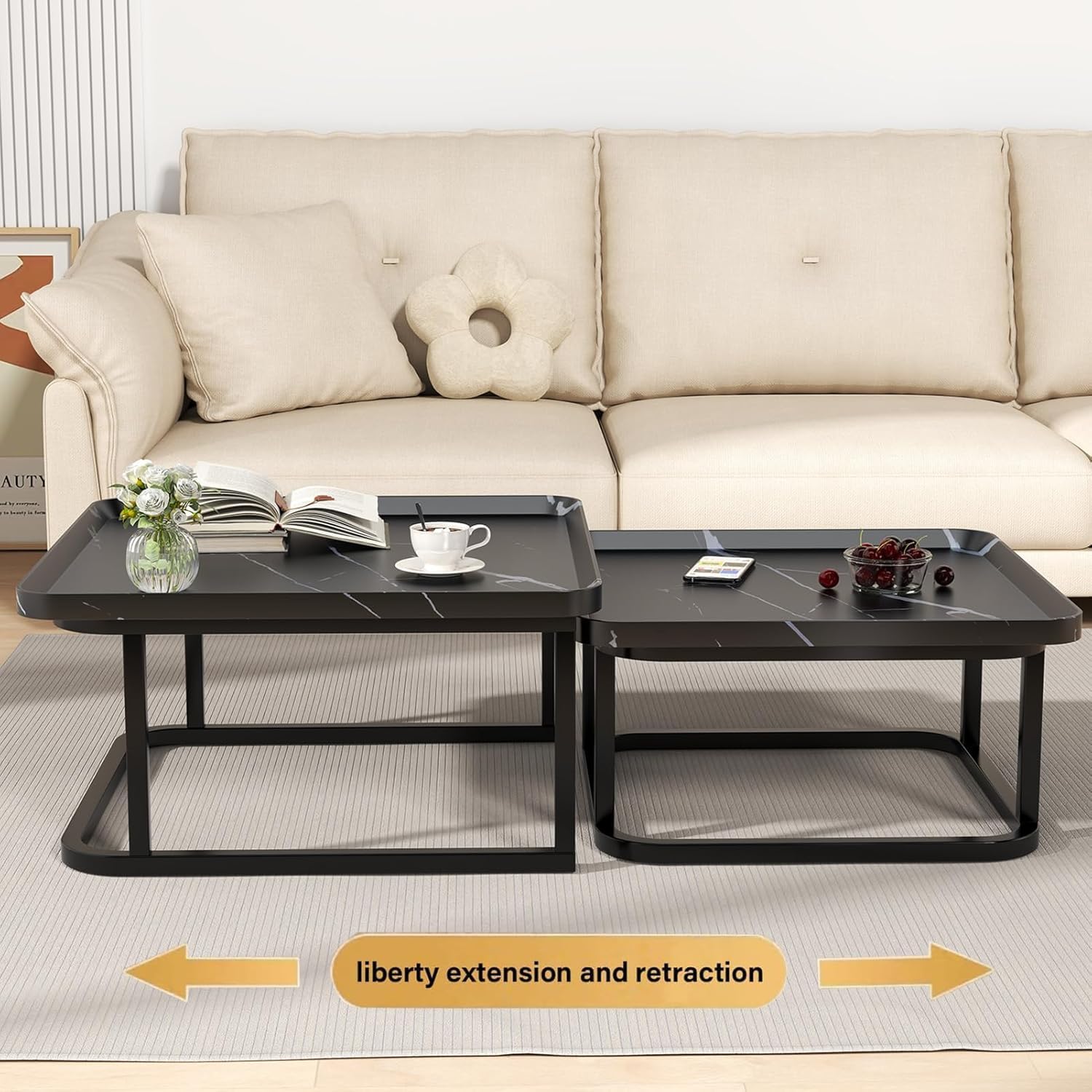 Square Nesting Coffee Table Set of 2, 23.6"+19.7" Nesting Tables,Small Square Coffee Table with Fluted,Center Table for Living Room Bedroom Office Balcony Yard (Black)