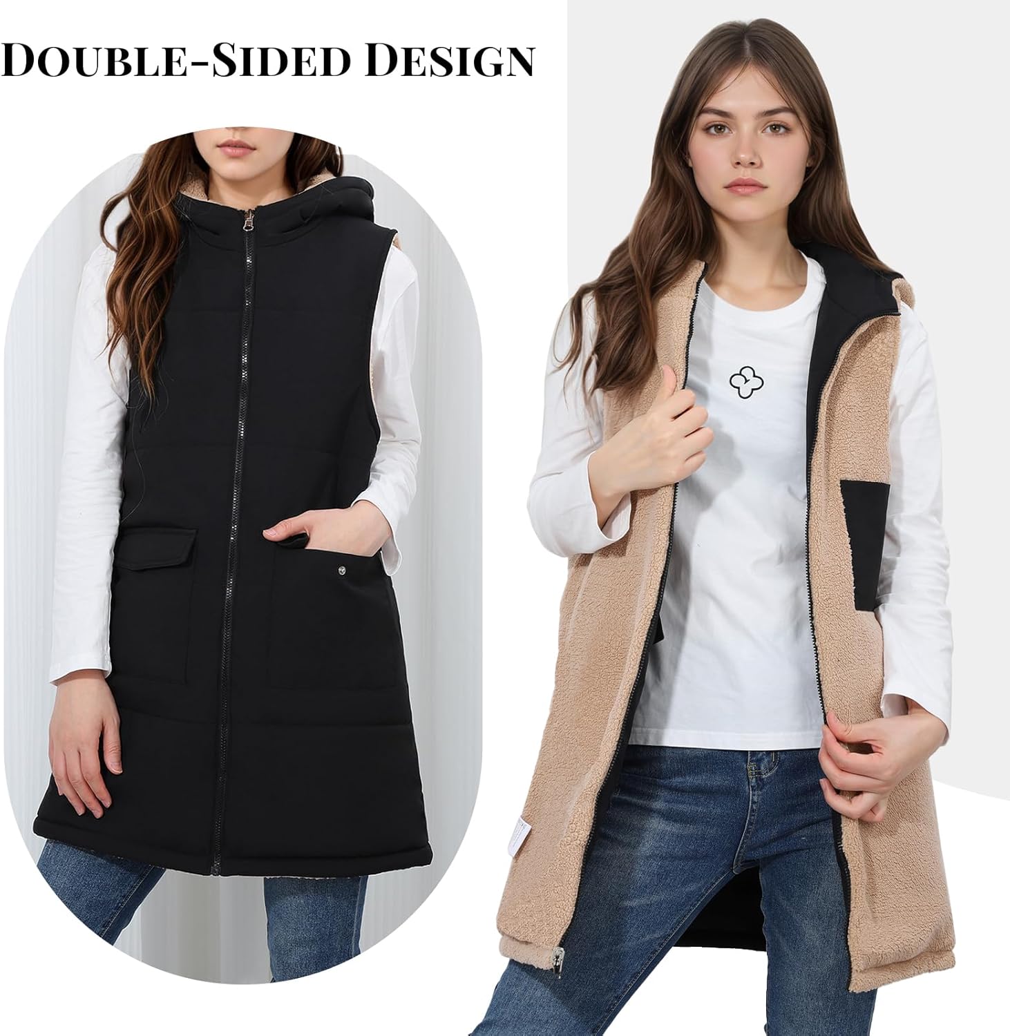 GOKTOW Womens Fall Long Puffer Vest 2025 - Reversible Sleeveless, Hoodie with Pockets Jacket, Warm Winter Coat Outerwear - Image 4