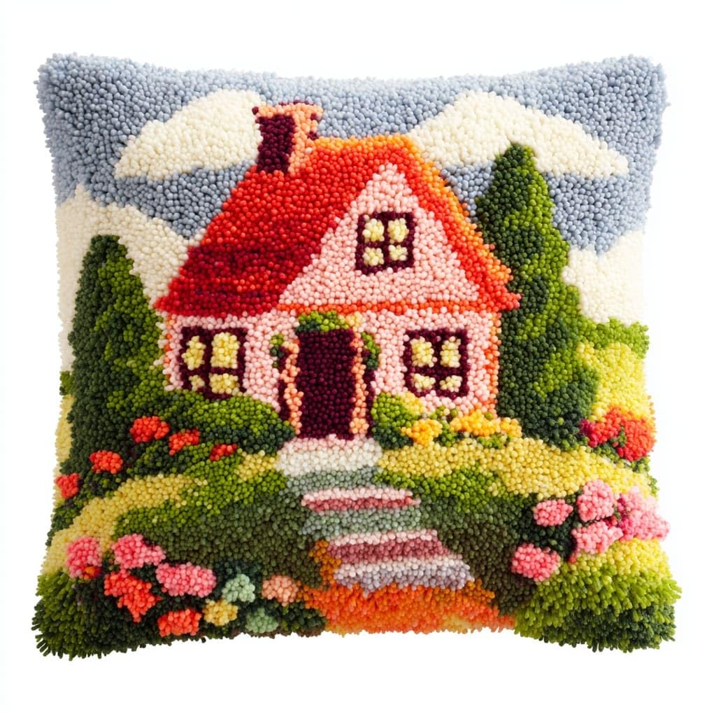WallustrioaW Latch Hook Pillow Cover Kit,Cartoon House in the Forest,Cross Stitch Cushion Covers Kits DIY Craft Needlework Latch Hook for Kids Adults,43x43cm
