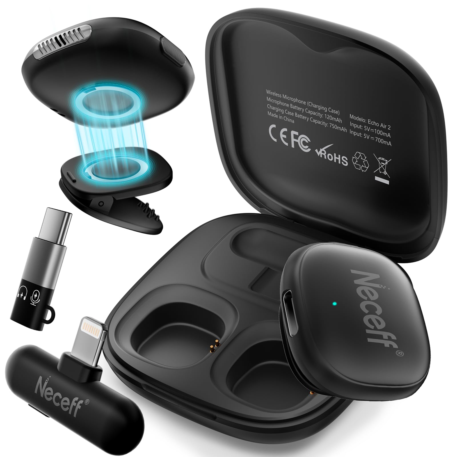 OSA Microfono Lavalier Wireless per iPhone/Android/iOS/PC/Laptop, Mini Microfono Vlog con Display Digitale, Custodia di Ricarica,Cancellazione del Rumore,microfono a clip Plug Play, 2TX+2RX